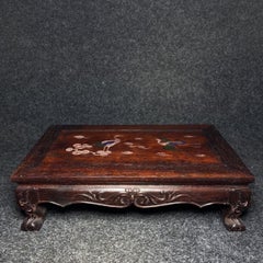1960s Asian Wood Table with Carving Patterns and Shell Cranes Clouds
