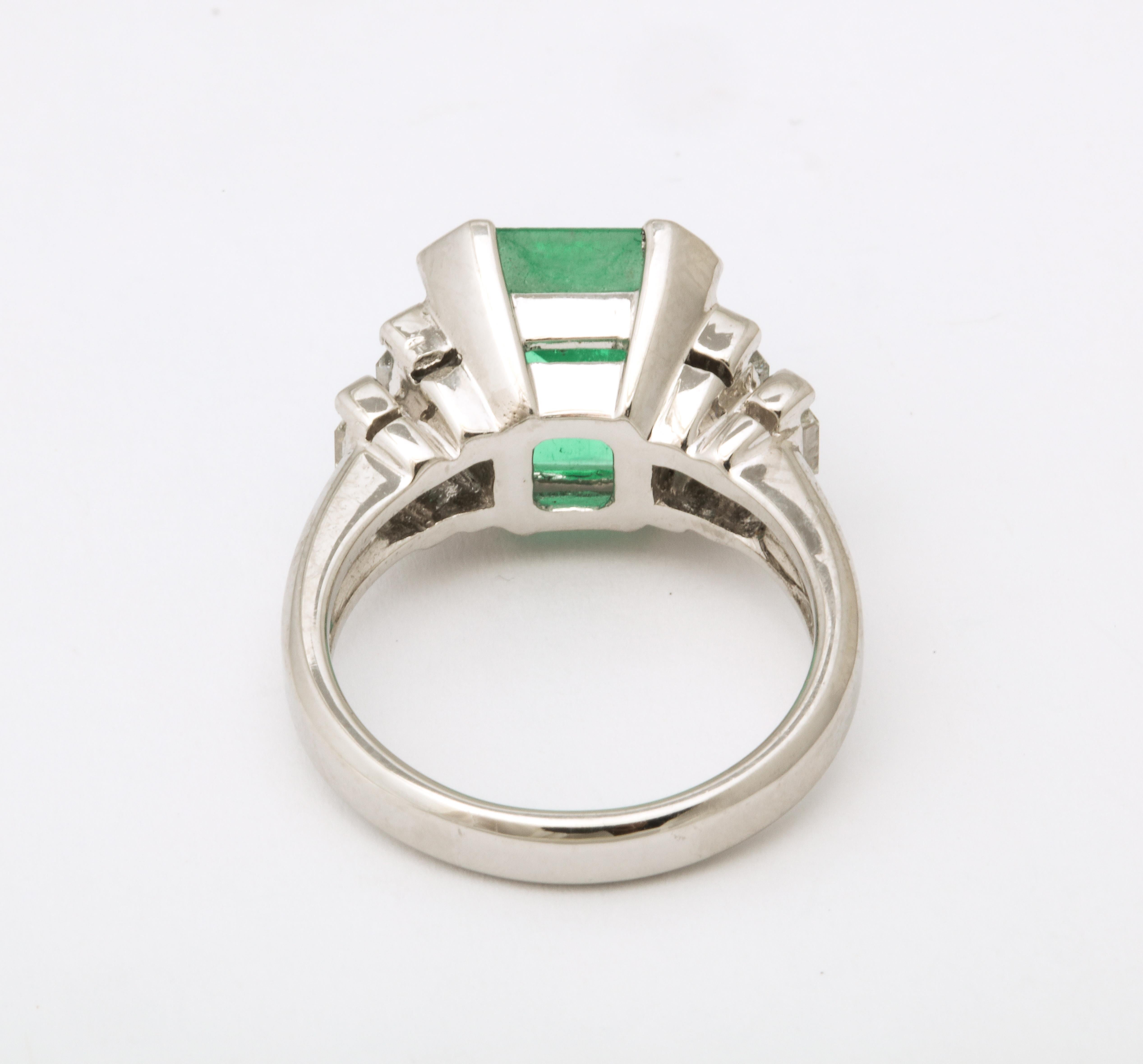 1960's Asscher Cut Emerald with Stepdown Baguette Mounting Platinum Ring 7