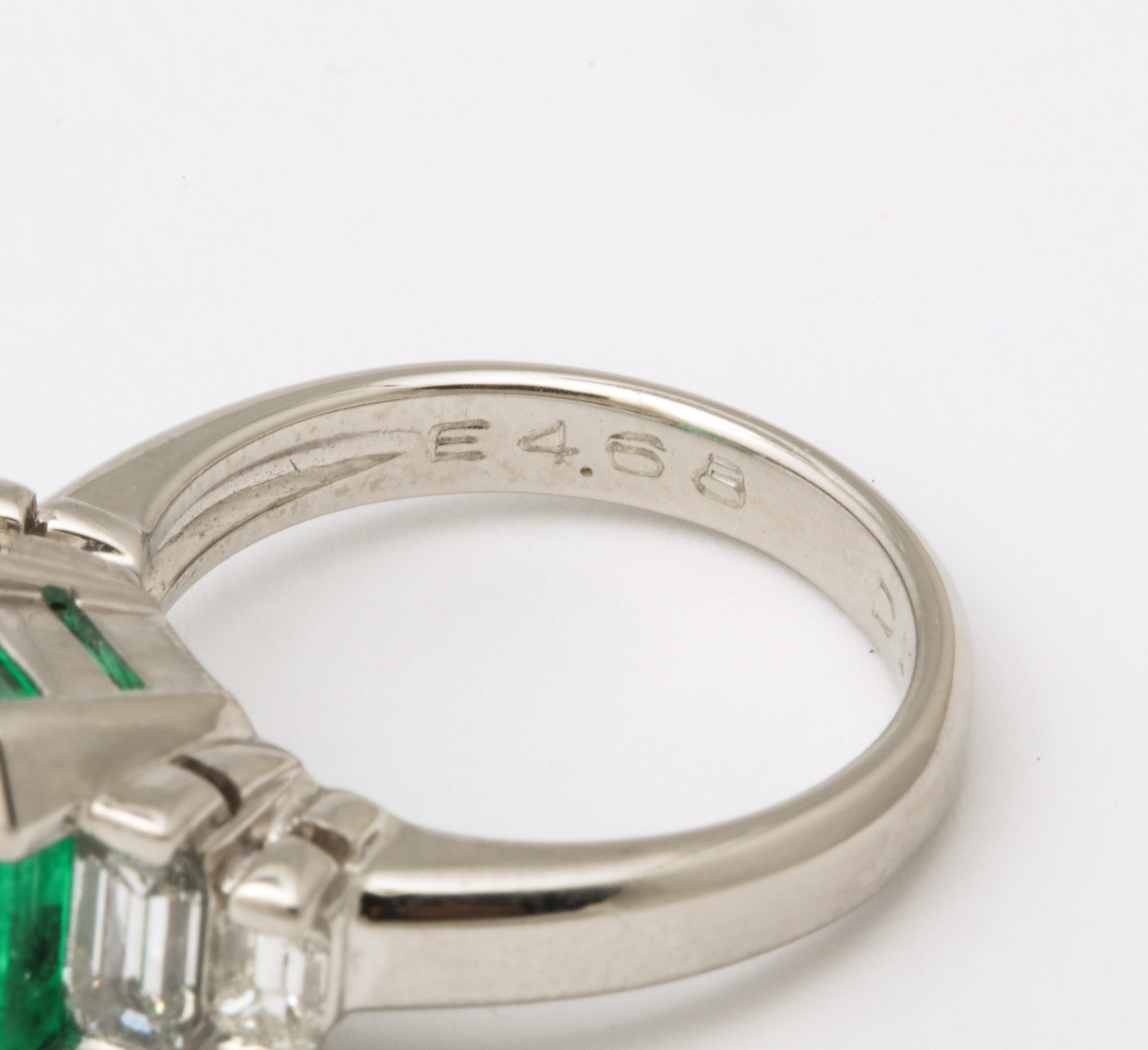 1960's Asscher Cut Emerald with Stepdown Baguette Mounting Platinum Ring 9