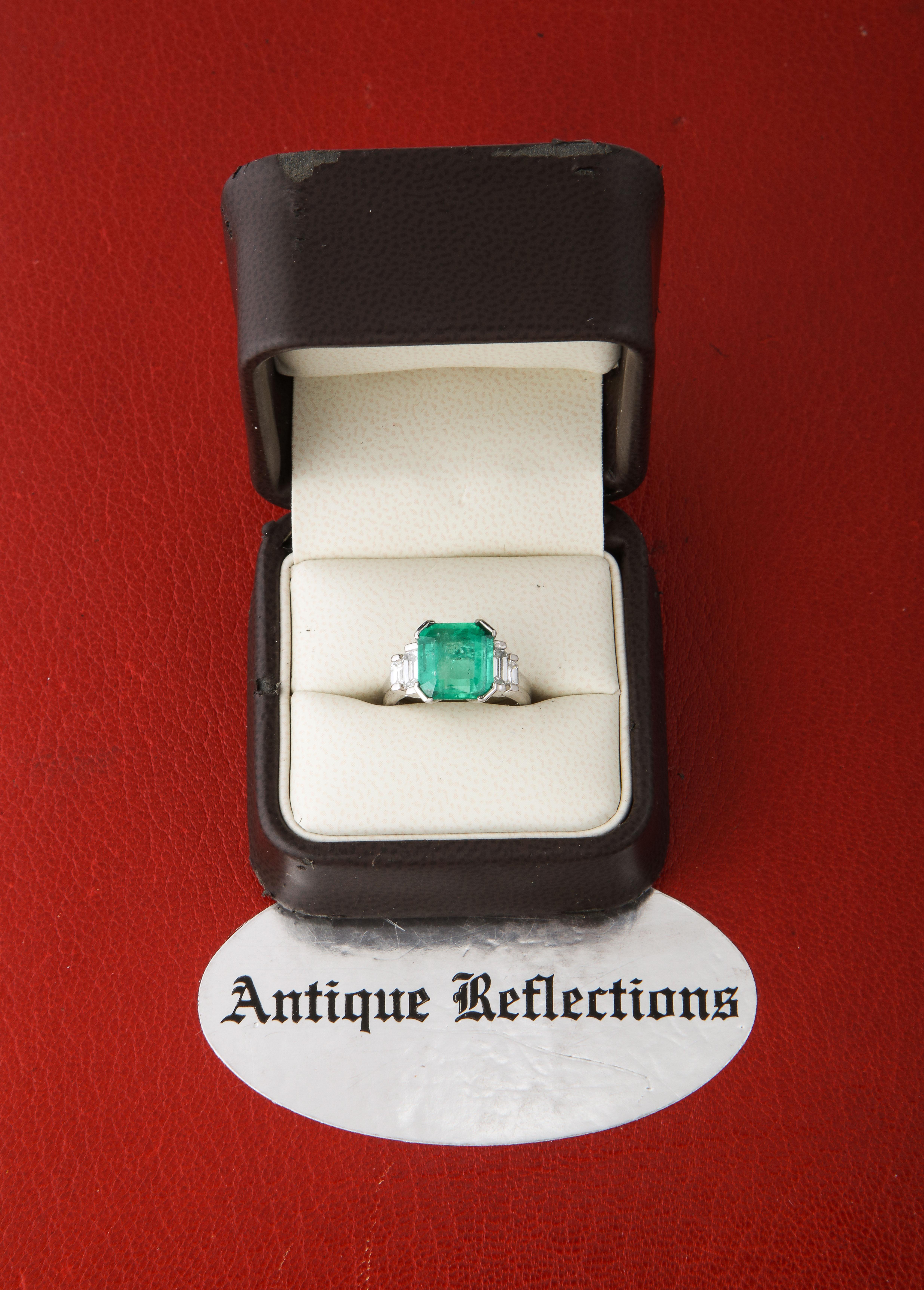 1960's Asscher Cut Emerald with Stepdown Baguette Mounting Platinum Ring 11