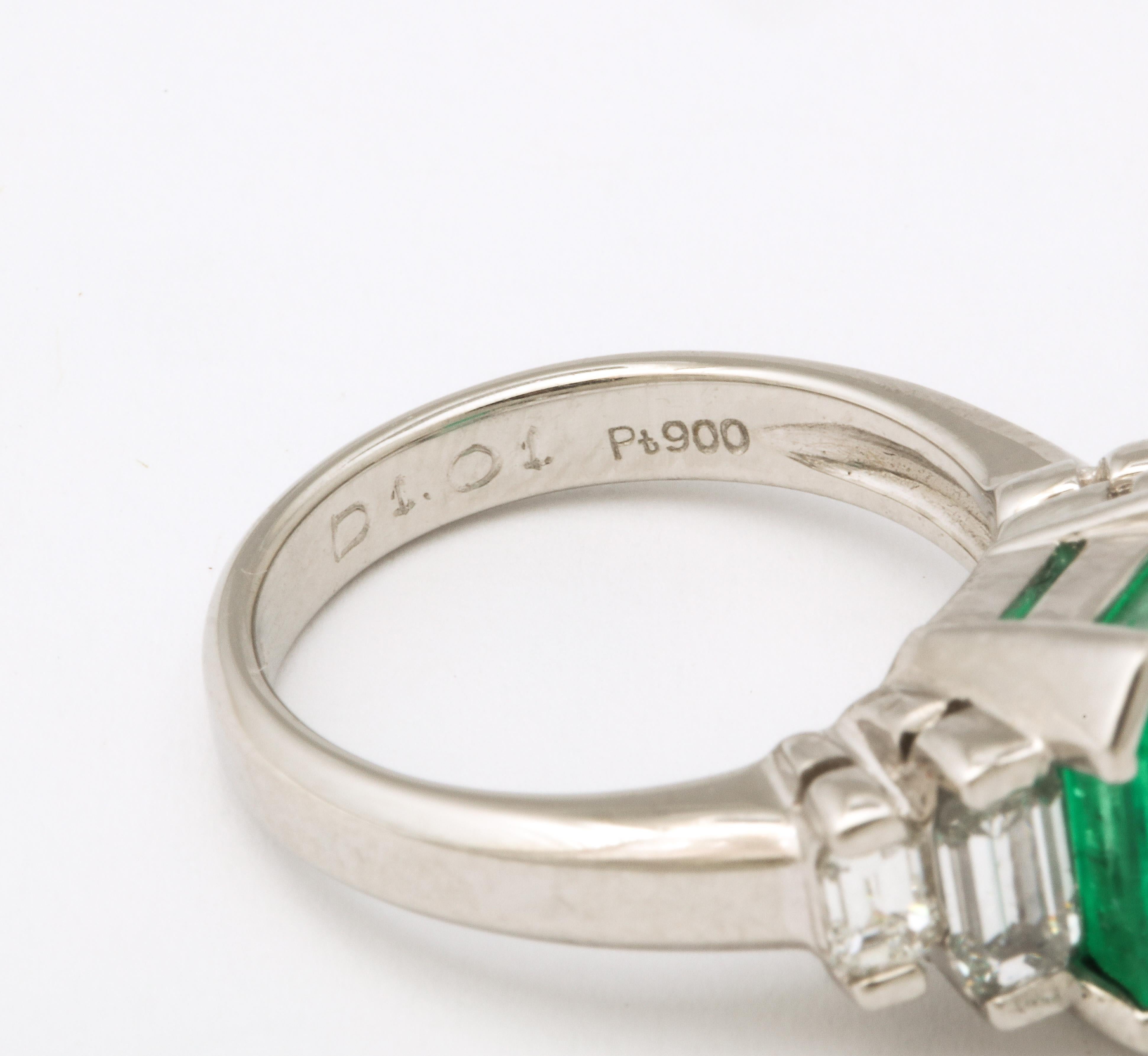 1960's Asscher Cut Emerald with Stepdown Baguette Mounting Platinum Ring 1