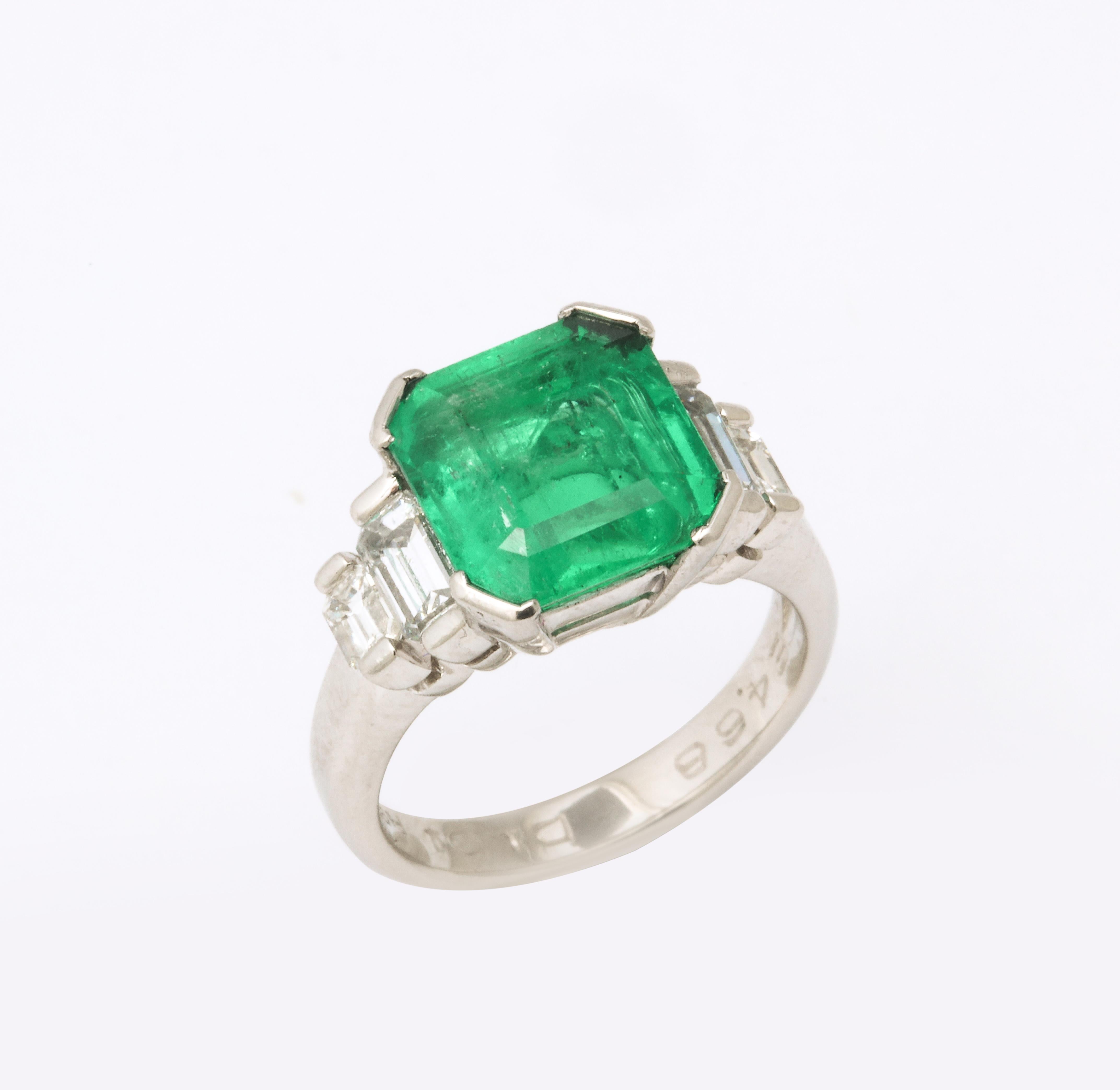 1960's Asscher Cut Emerald with Stepdown Baguette Mounting Platinum Ring 2