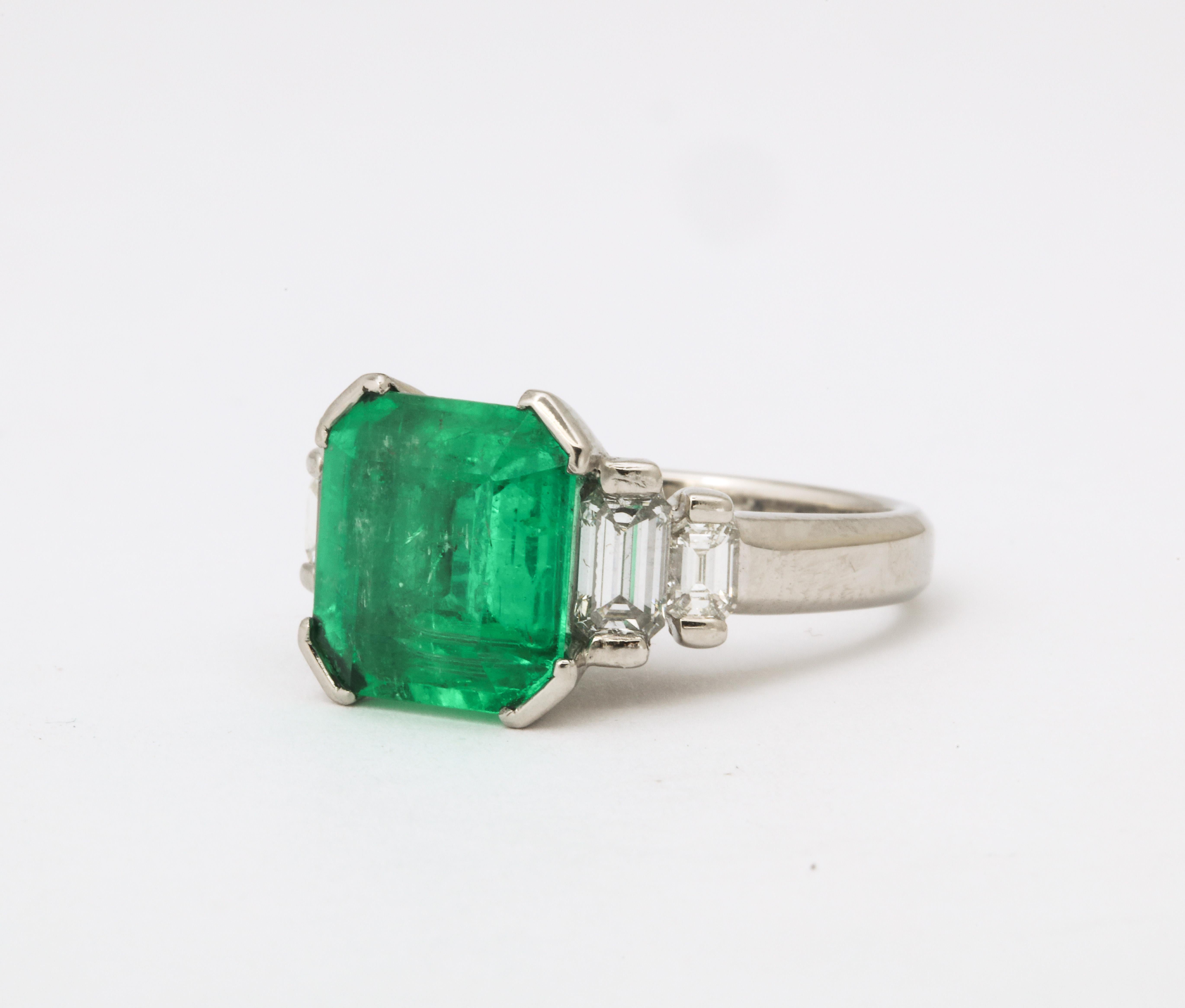 1960's Asscher Cut Emerald with Stepdown Baguette Mounting Platinum Ring 3