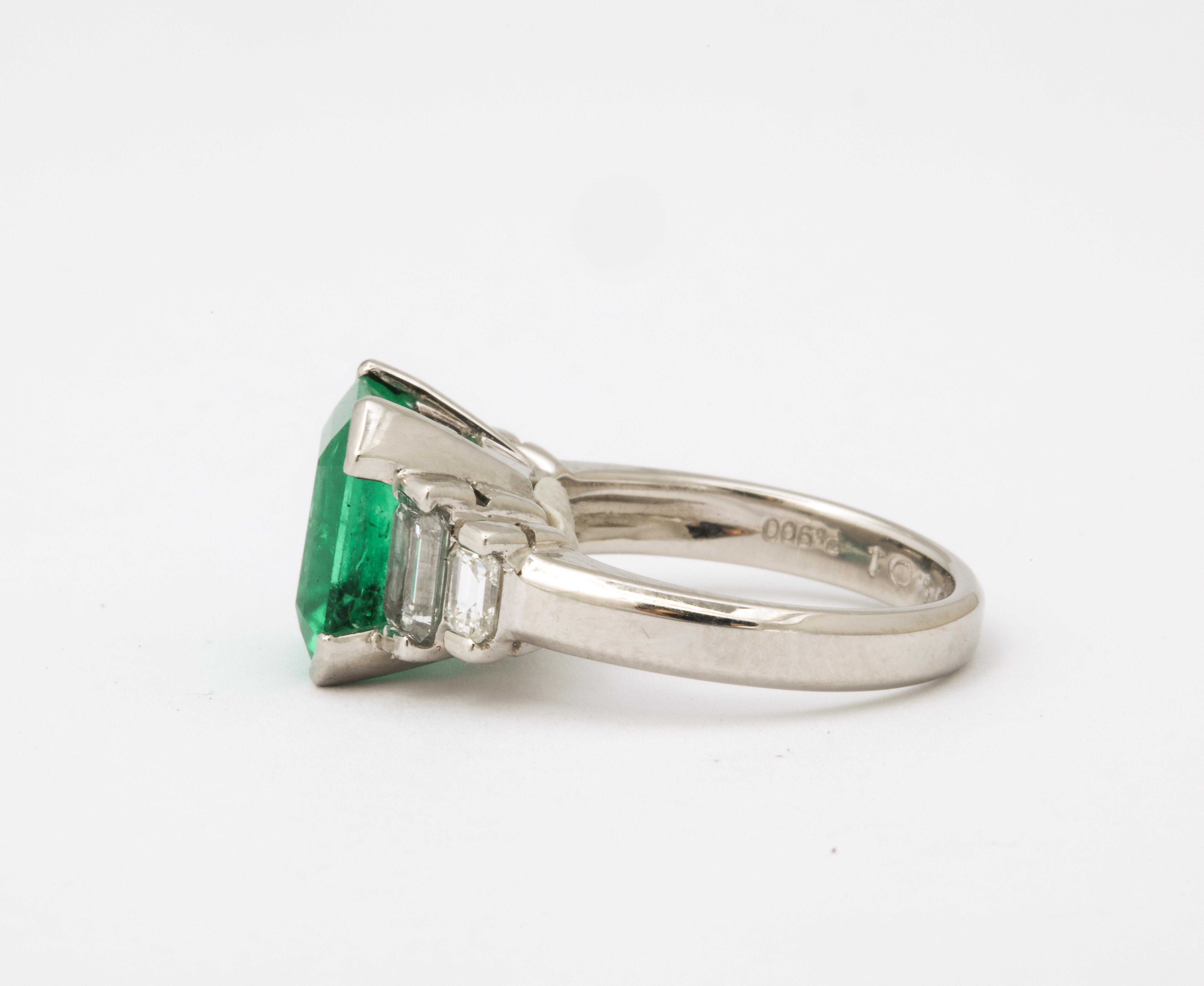 1960's Asscher Cut Emerald with Stepdown Baguette Mounting Platinum Ring 4