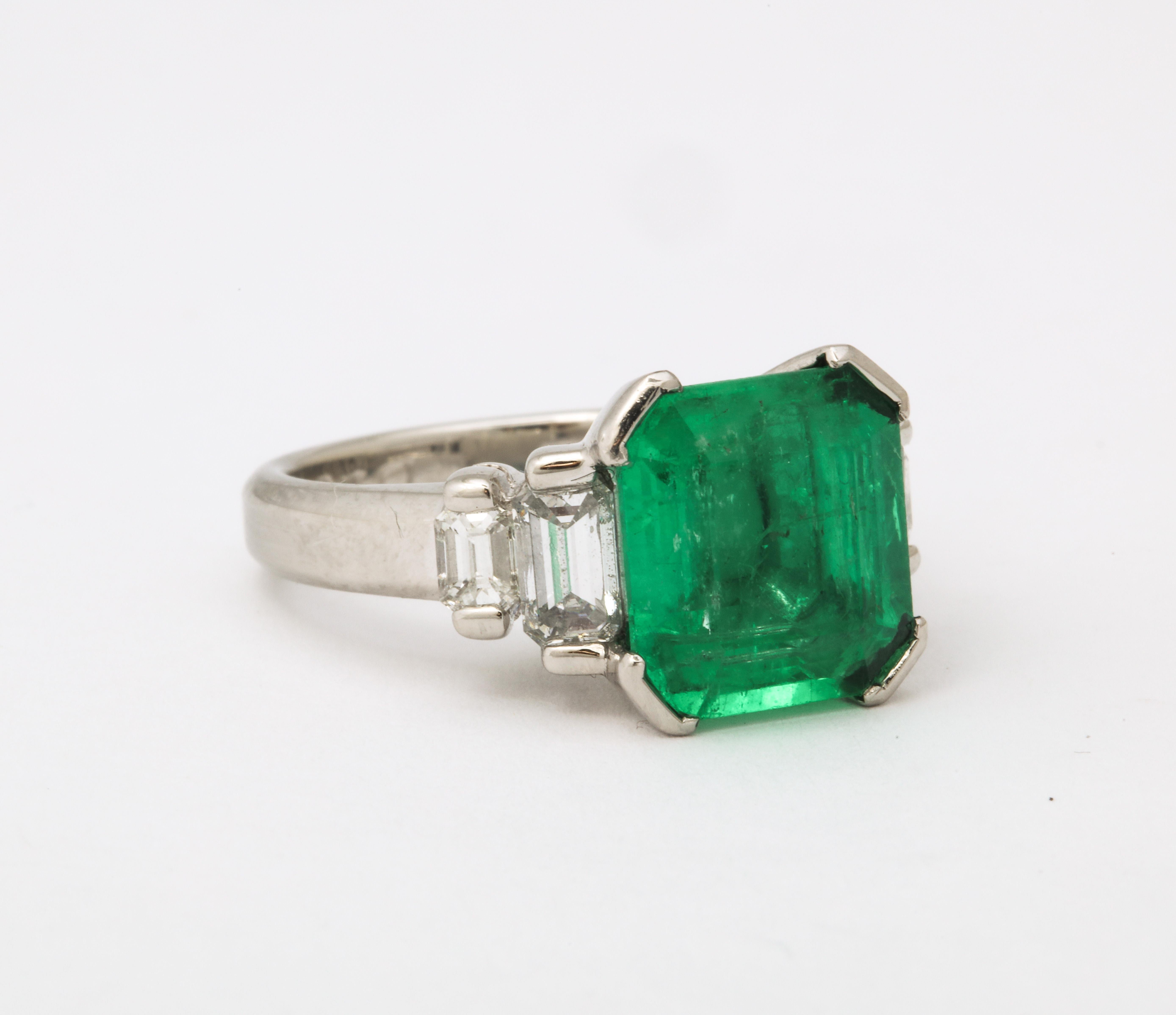 1960's Asscher Cut Emerald with Stepdown Baguette Mounting Platinum Ring 5