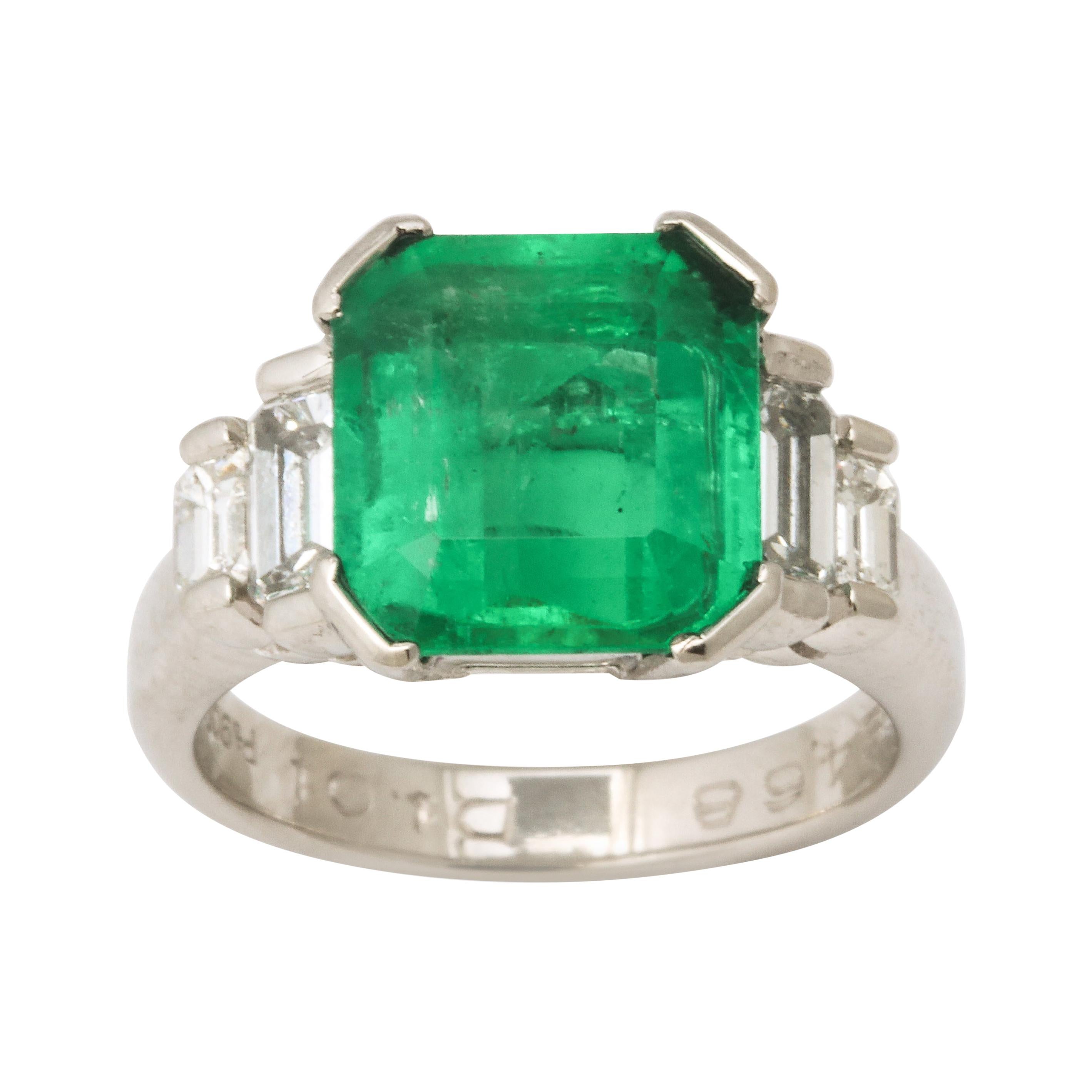 1960's Asscher Cut Emerald with Stepdown Baguette Mounting Platinum Ring