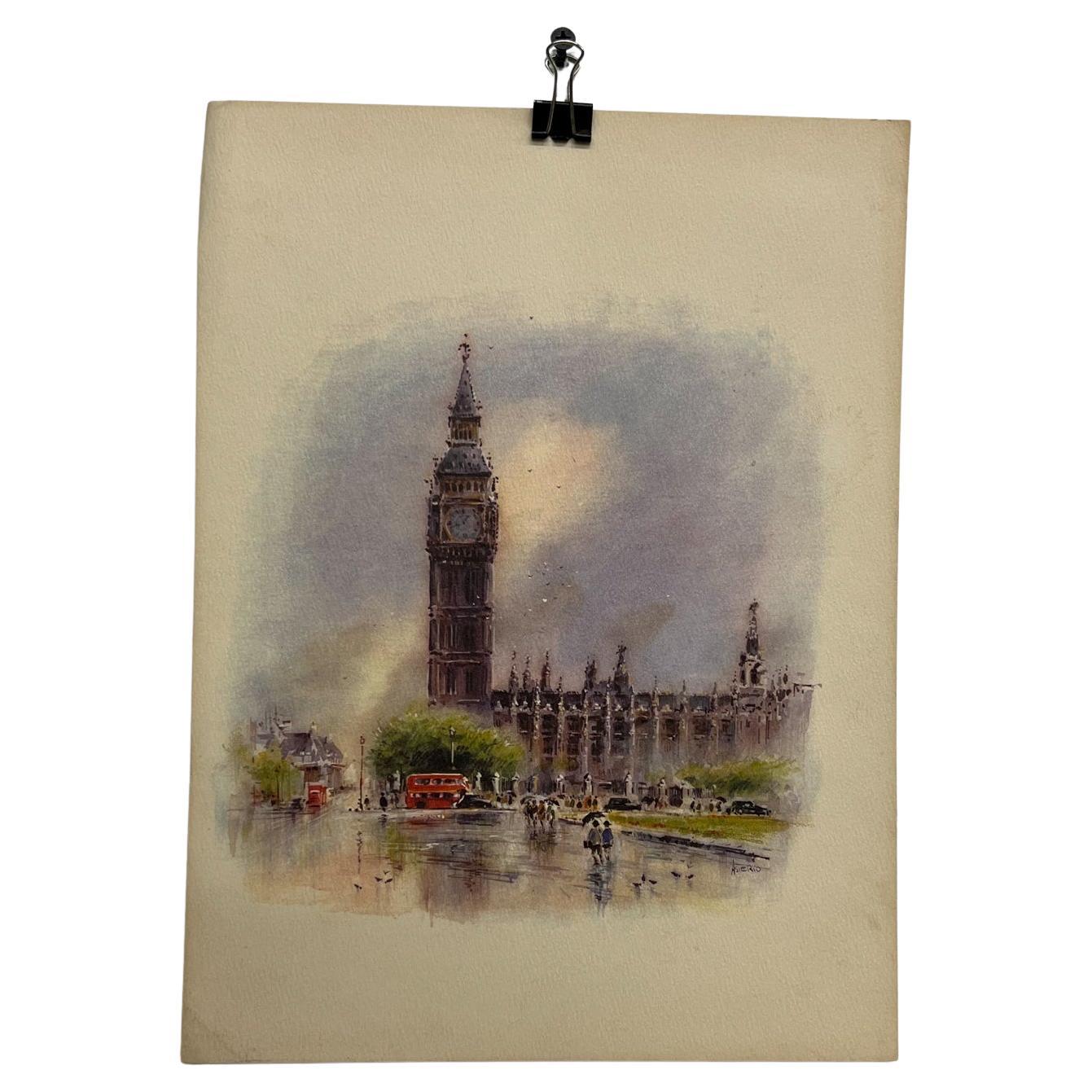 1960s Asterio Pascolini Vintage Art Lithograph London Big Ben Double Decker Bus For Sale