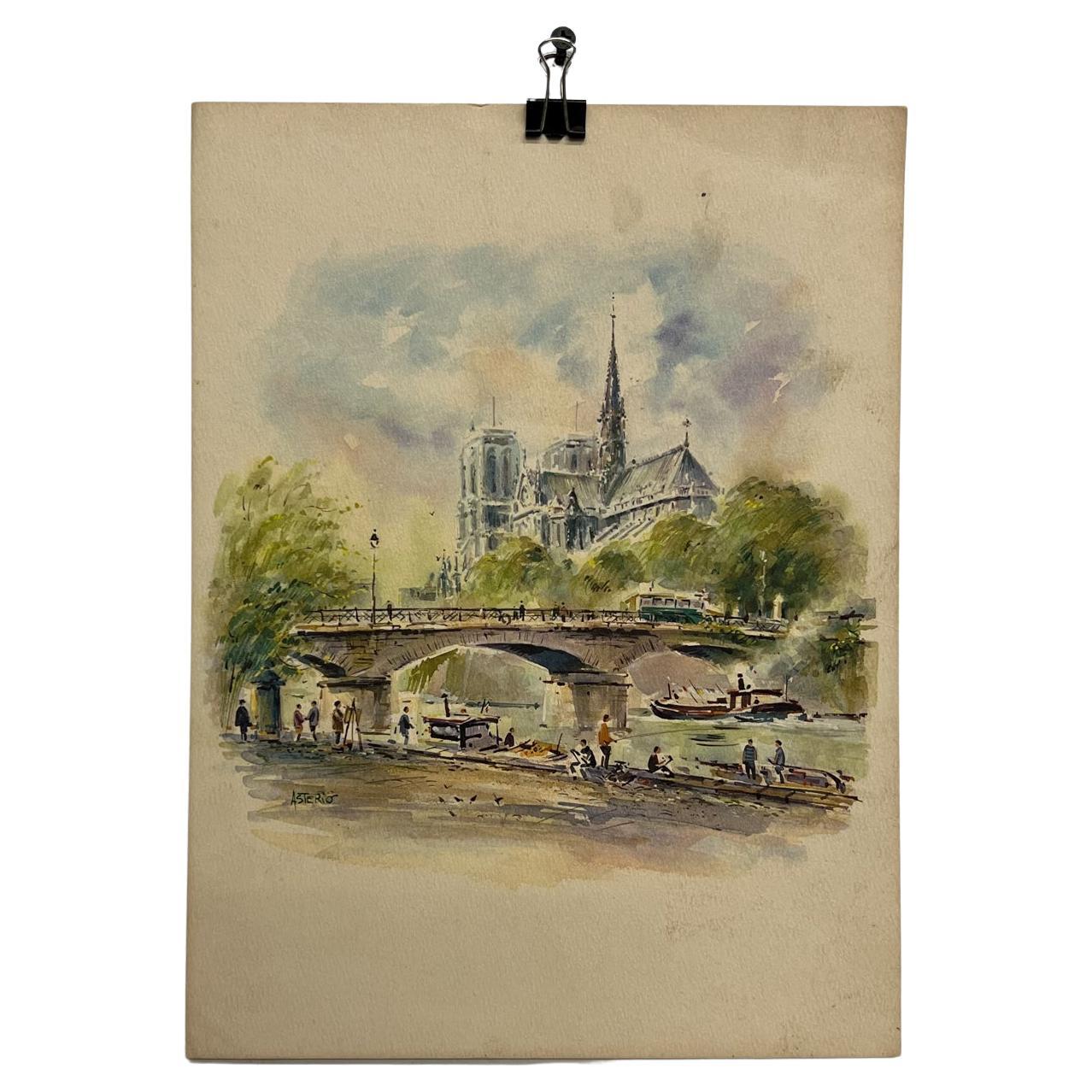 1960s Asterio Pascolini Vintage Art Lithograph Notre Dame Cathedral Paris France For Sale