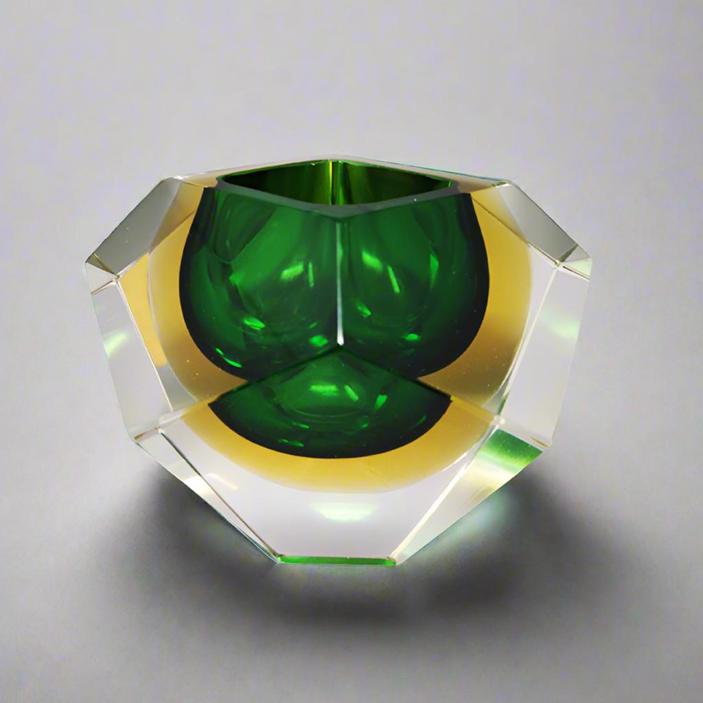 1960 Stupefacente posacenere o ciotola verde e giallo di Flavio Poli per Seguso in vetro di Murano Glass Sommerso. Prodotto in Italia 
Senza scheggiature o altro, questo articolo è perfetto e in ottime condizioni.
Dimensioni:
diametro 3,93 x 3,54