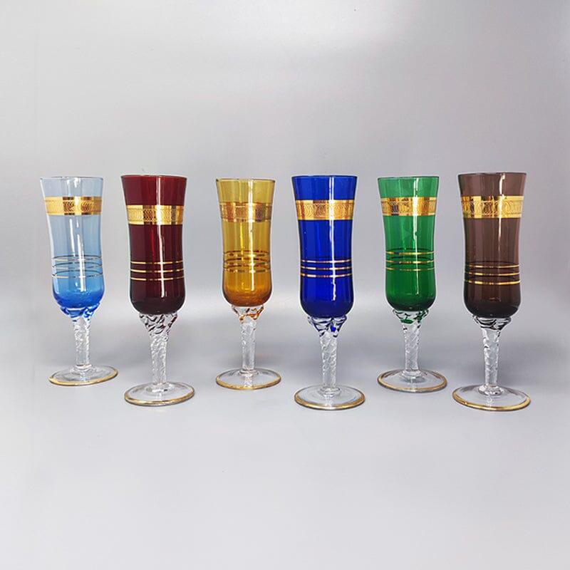 Mid-Century Modern 1960s Astonishing Set of Six Glasses in Murano Glass. Made in Italy For Sale