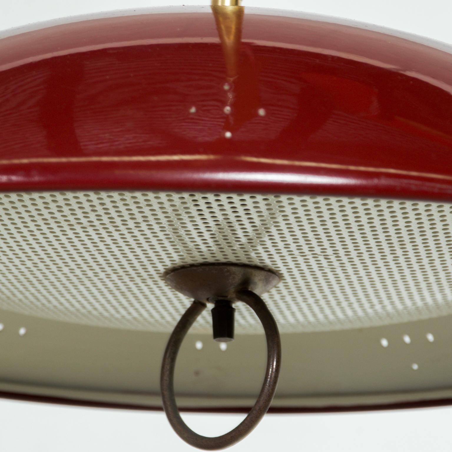 1960s Atomic Modern Red Pendant Lamp Perforated Saucer Dish Lightolier made USA In Good Condition In Chula Vista, CA