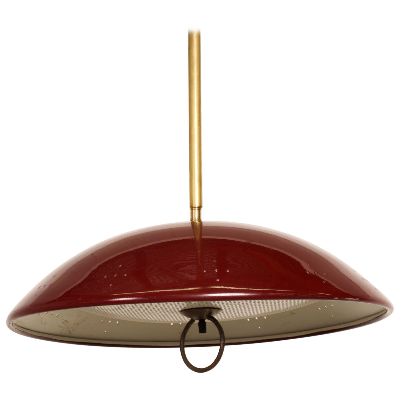 AMBIANIC offers: 
1960s Atomic Modern Pendant Light Hanging Red Saucer Dish Perforated after Lightolier made USA
No label. Rewired.  No canopy. Original preowned vintage Item unrestored condition. Selling as is condition.
Dimensions: 13.75 in