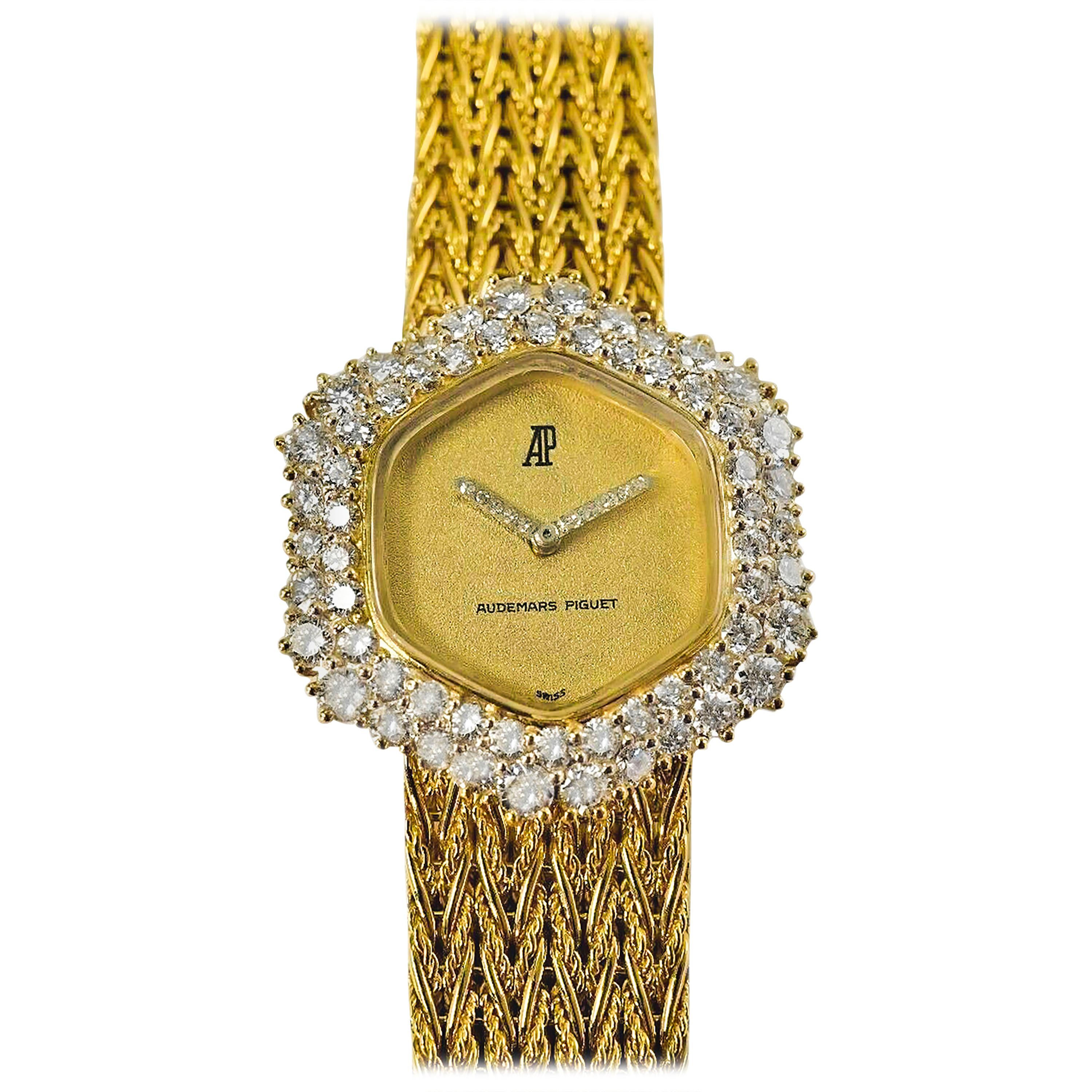 1960s Audemars Piguet 18 Karat Yellow Gold Double Diamond Row Bracelet Watch