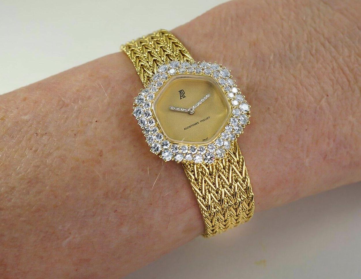 Retro 1960s Audemars Piguet 18 Karat Yellow Gold Double Diamond Row Bracelet Watch