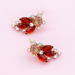 1960s Aurora Borealis & Amber Crystal Rhinestone Climber Earrings by Beau Jewels