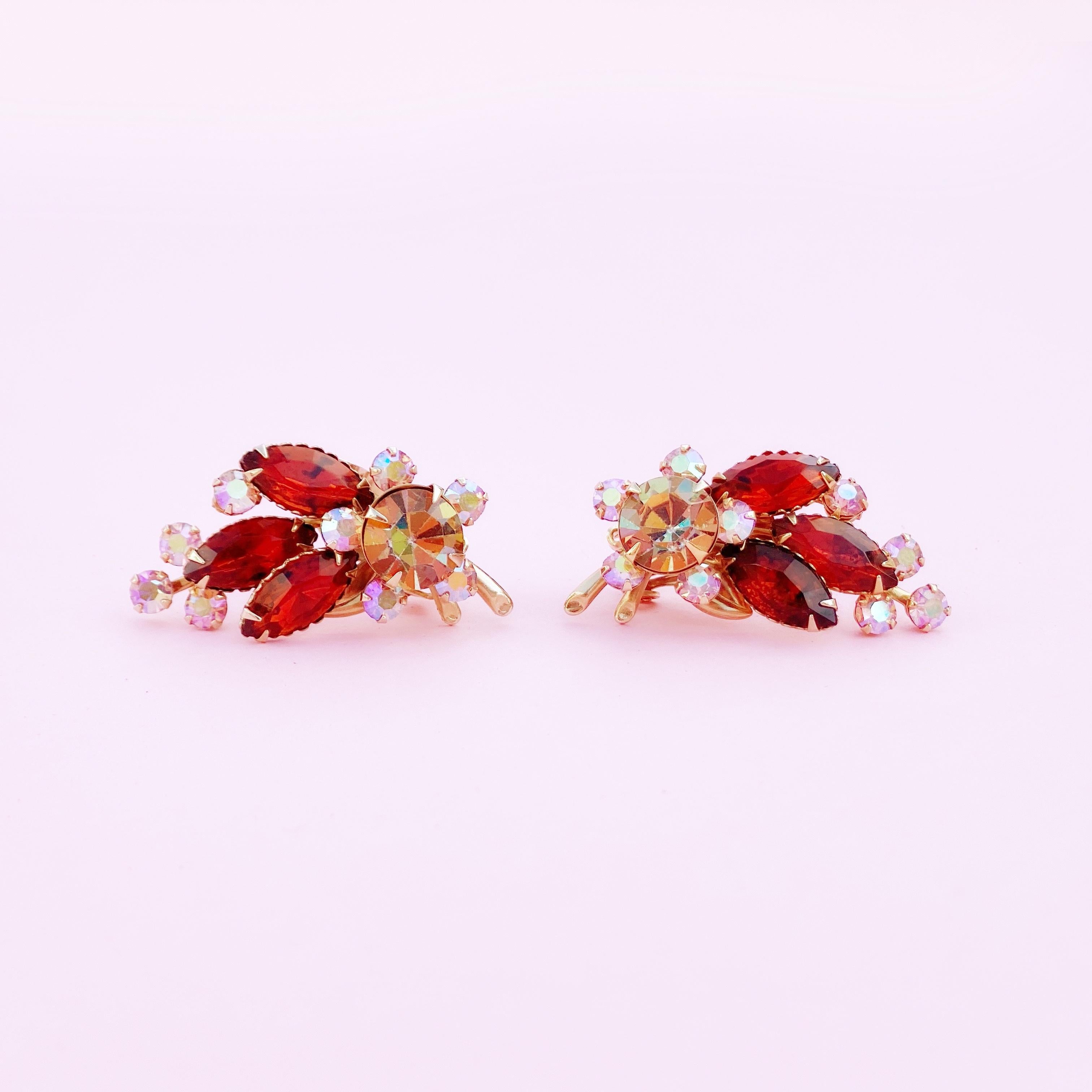 Modern 1960s Aurora Borealis & Amber Crystal Rhinestone Climber Earrings by Beau Jewels For Sale