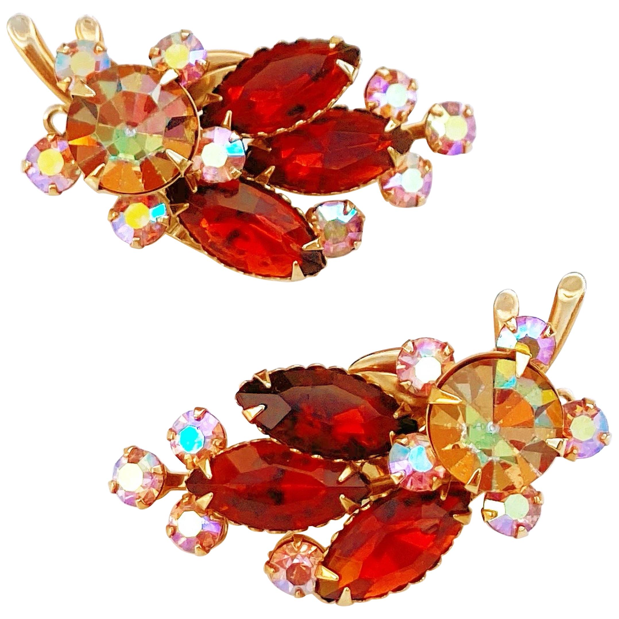 1960s Aurora Borealis & Amber Crystal Rhinestone Climber Earrings by Beau Jewels For Sale