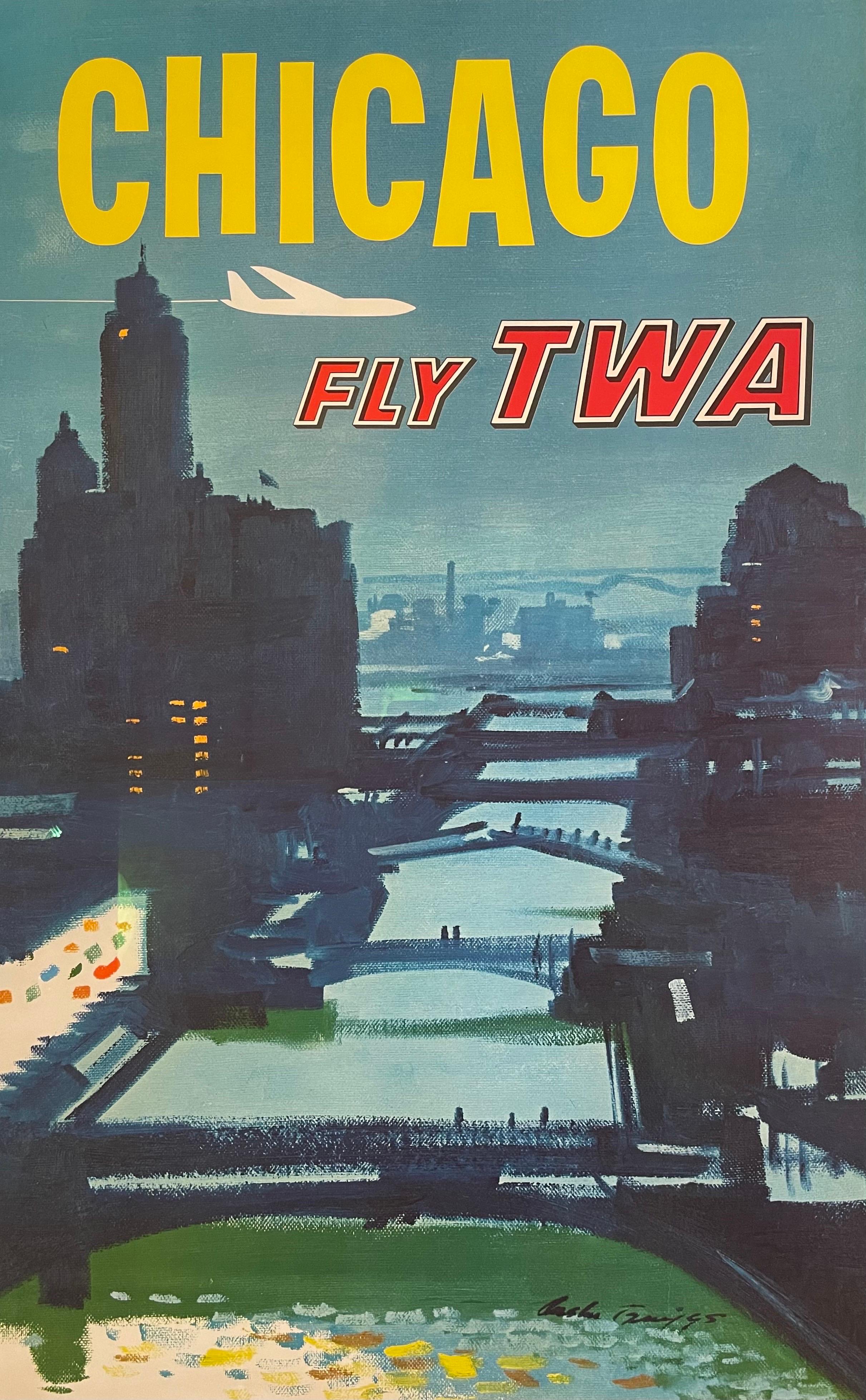 Fresh from the framers, this 1960’s travel poster for Trans World Airlines has been given the royal treatment. Linen-backed, museum glass, and a sharp black aluminum frame. Artwork done by American artist Austin Briggs, the cartoonist behind the