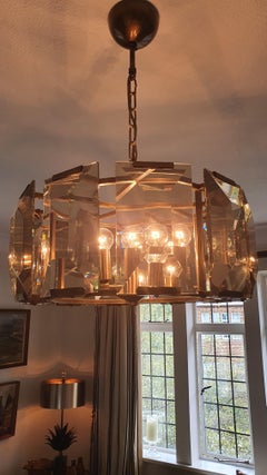 1960s Austrian Bronze Pendant Drum with 10 Faceted Smokey Bronze Crystal Panels
