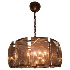 1960s Austrian Bronze Pendant Drum with 10 Faceted Smokey Bronze Crystal Panels