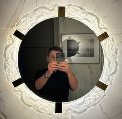 1960s Austrian Kalmar Crystal Iced Glass & Aged Brass Illuminated Wall Mirror