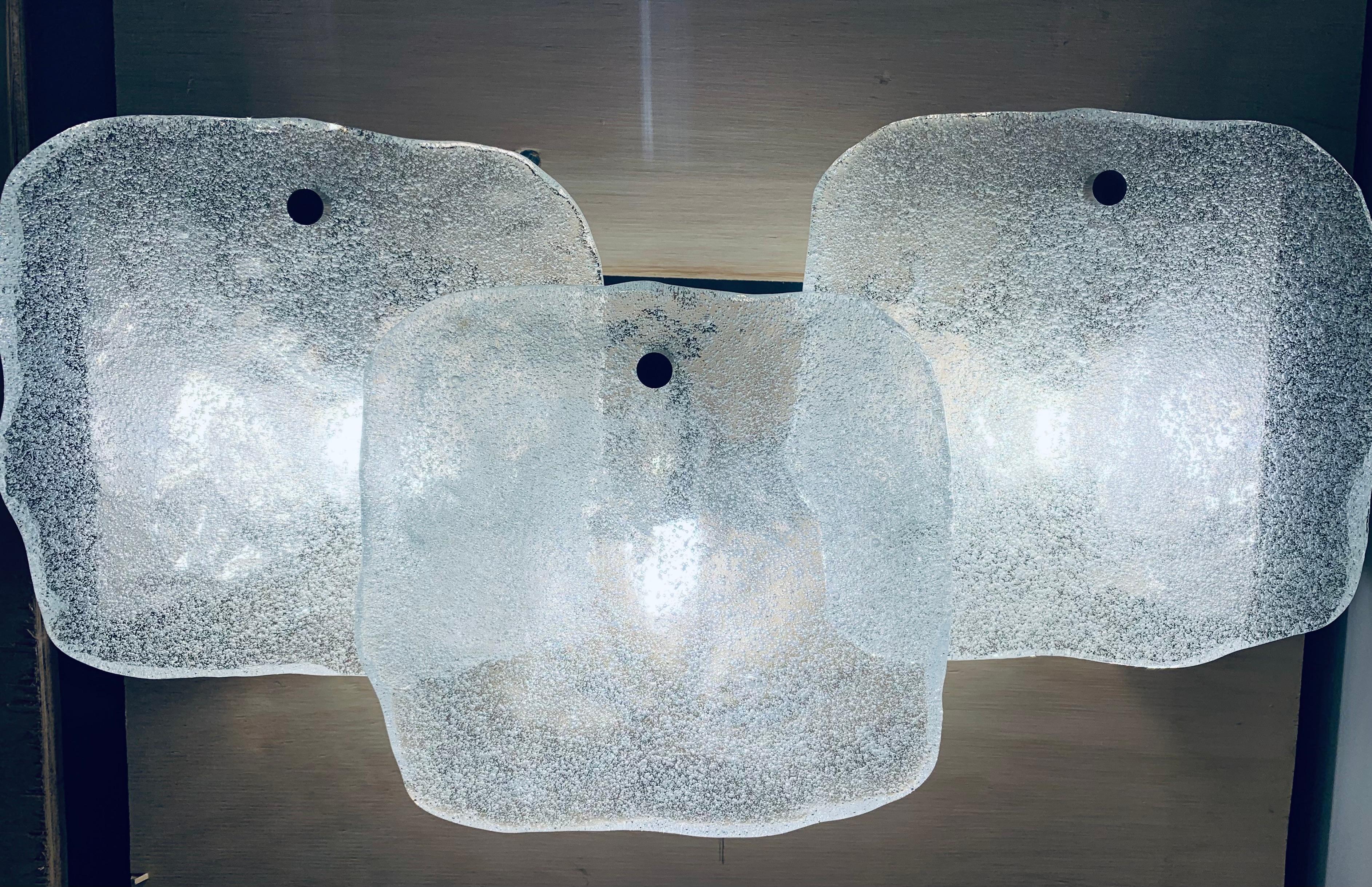 Mid-Century Modern 1960s Austrian Kalmar Franken KG Iced Frosted Glass & Chrome Wall Lights Sconces