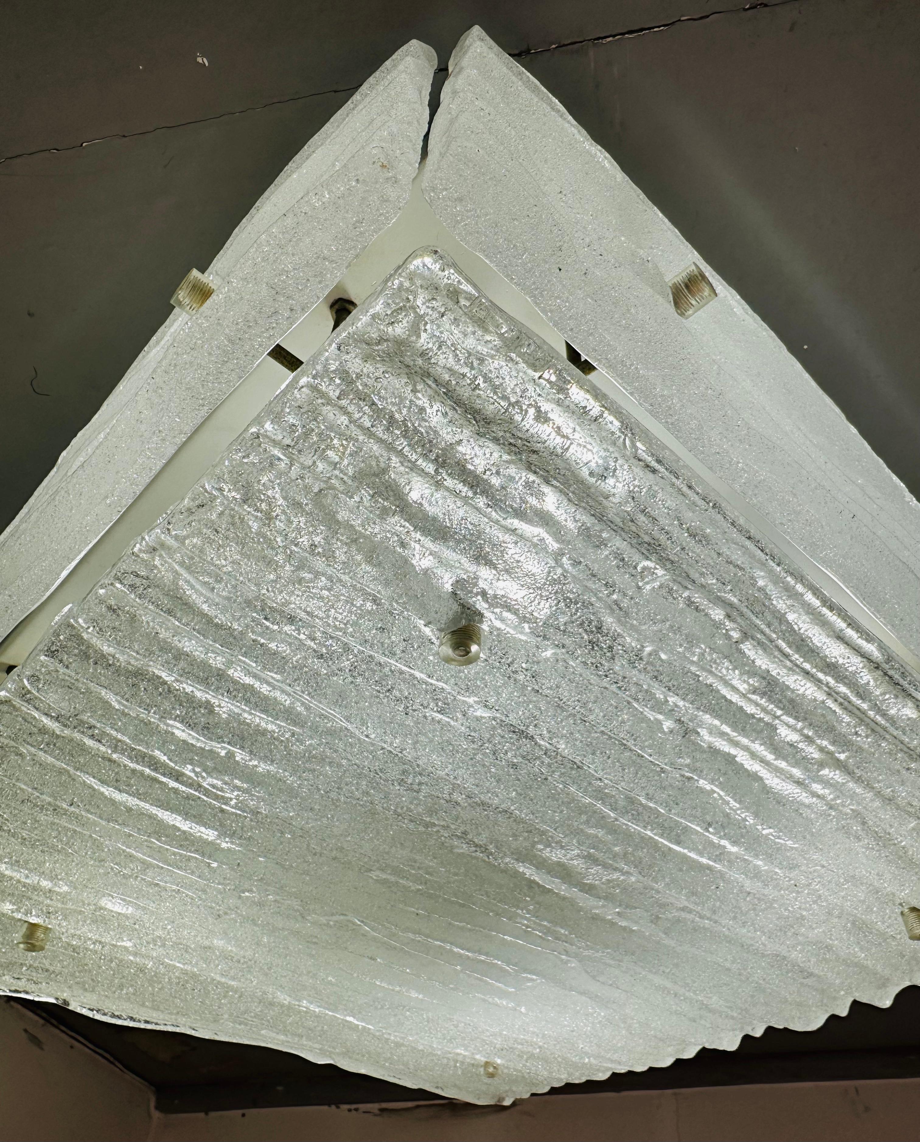 Metal 1960s Austrian Kalmar Lighting Flush Mount Frosted Rippled Glass Ceiling Light For Sale