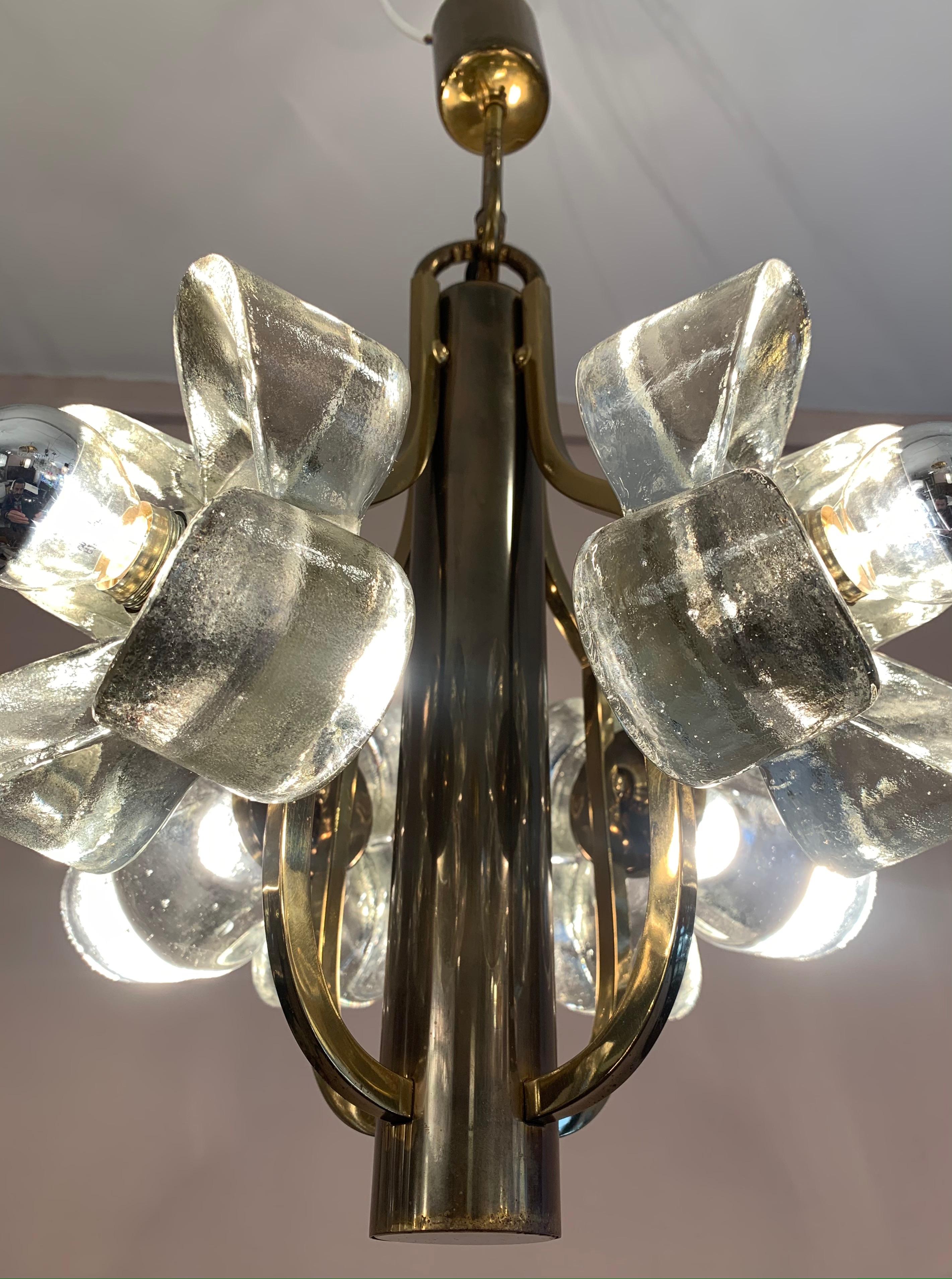 Mid-Century Modern 1960s Austrian Sische Brass and Glass Flower Pendant Hanging Ceiling Light