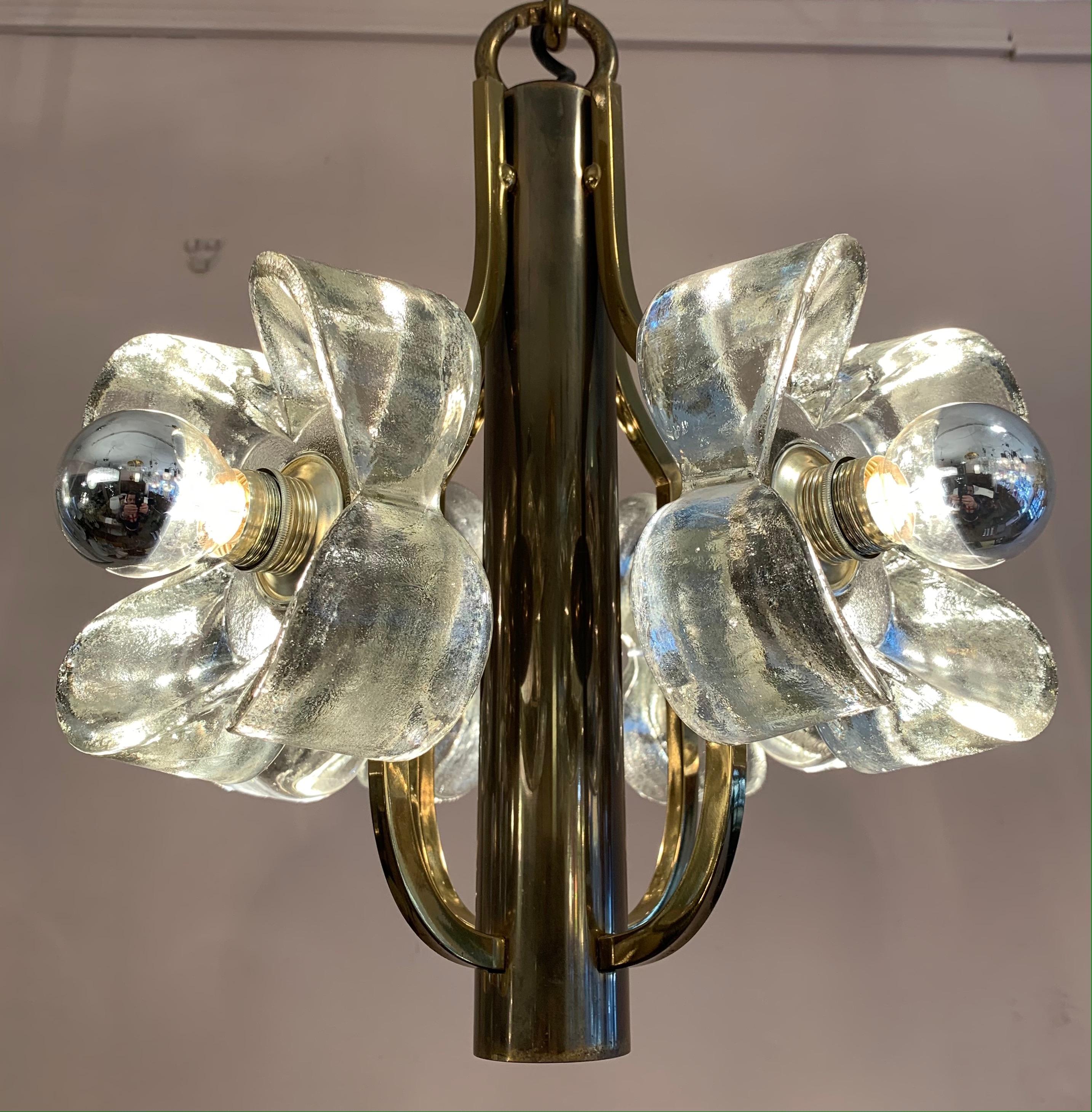 1960s Austrian Sische Brass and Glass Flower Pendant Hanging Ceiling Light In Good Condition In London, GB