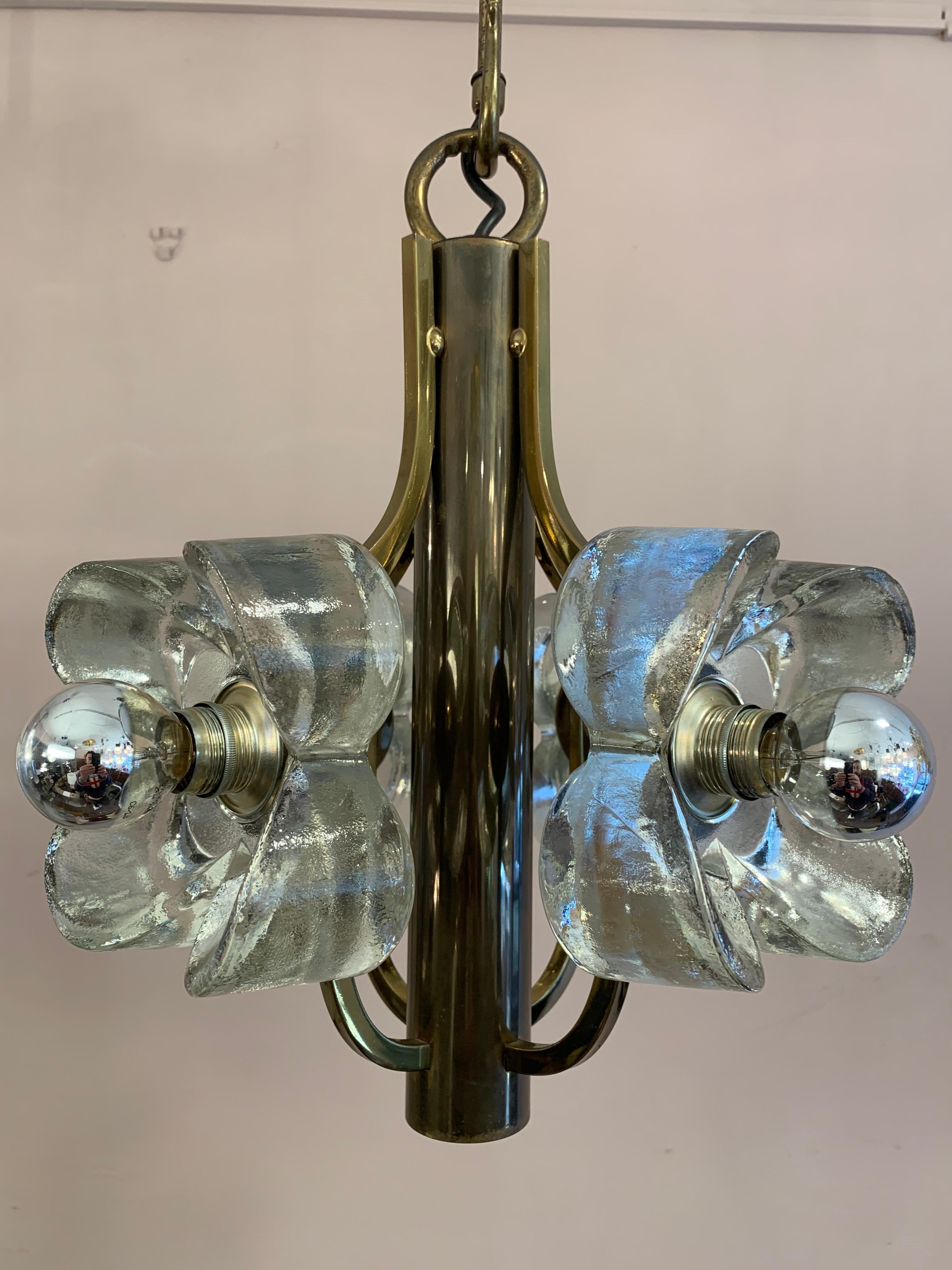 1960s Austrian Sische Brass and Glass Flower Pendant Hanging Ceiling Light 4
