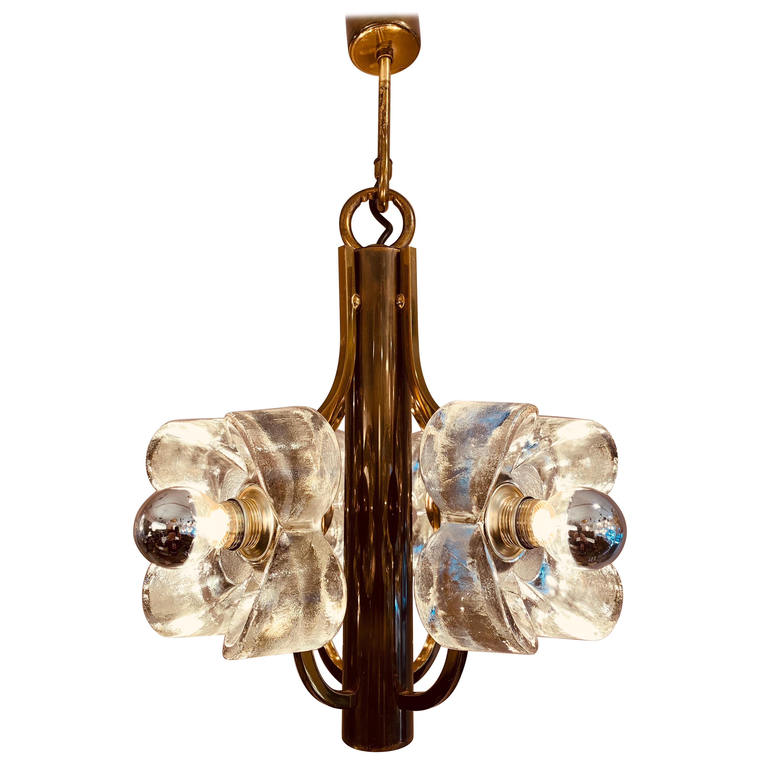 1960s Austrian Sische Brass and Glass Flower Pendant Hanging Ceiling Light