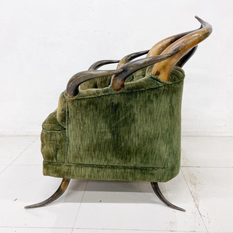1960s Austrian Steer Horn Lodge Chair & Foot Stool Vintage Green Mohair For Sale 4