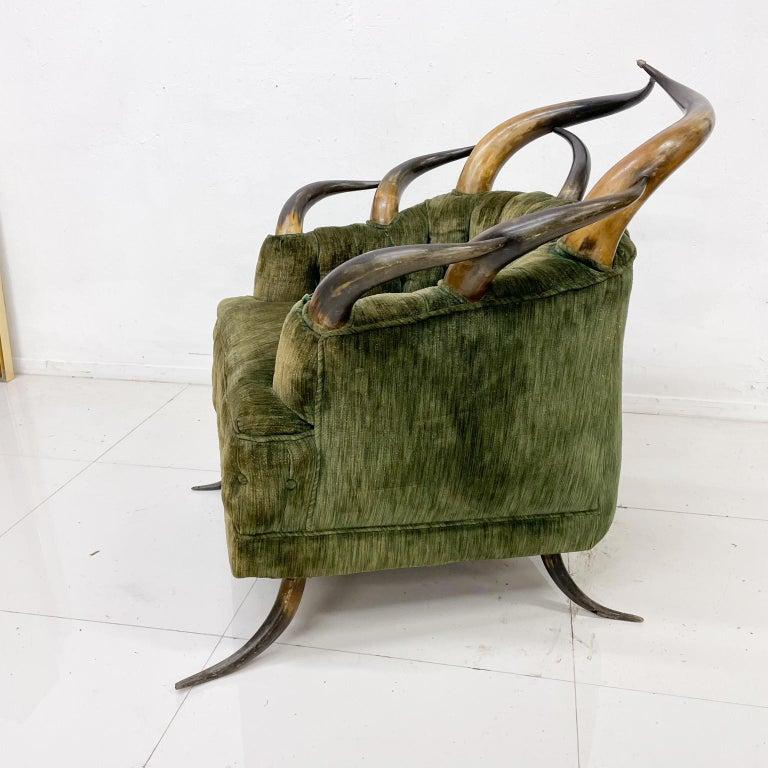 1960s Austrian Steer Horn Lodge Chair & Foot Stool Vintage Green Mohair For Sale 7