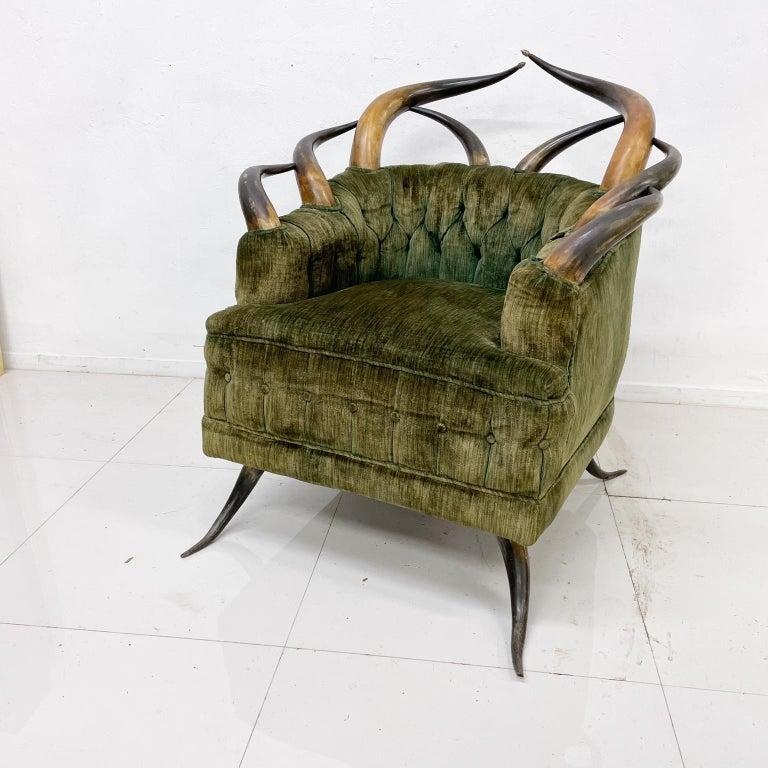 1960s Austrian Steer Horn Lodge Chair & Foot Stool Vintage Green Mohair For Sale 8