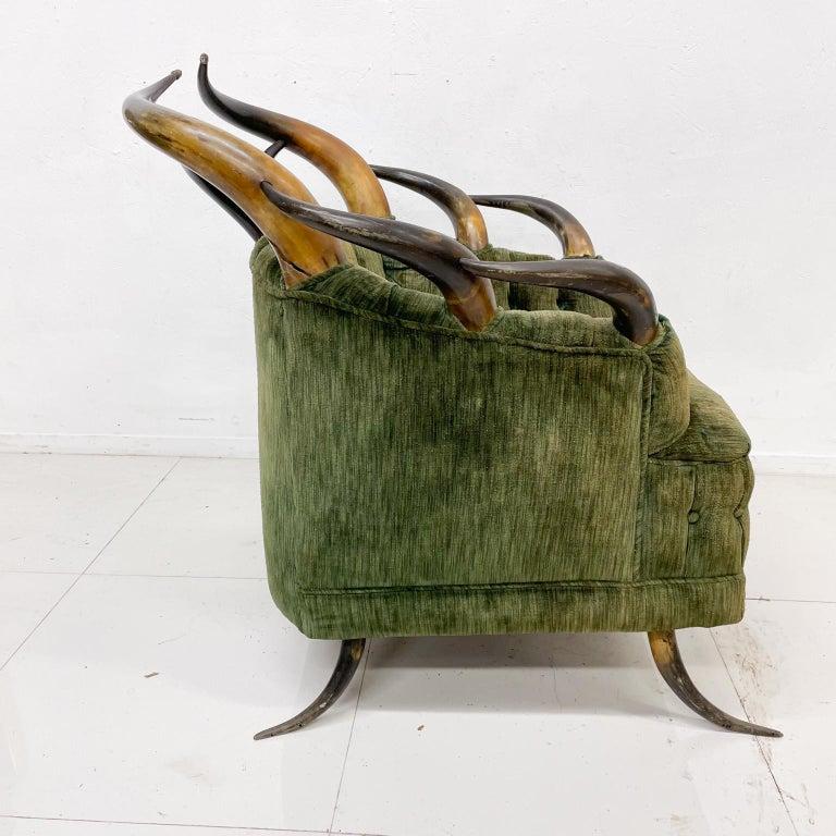 1960s Austrian Steer Horn Lodge Chair & Foot Stool Vintage Green Mohair In Good Condition For Sale In Chula Vista, CA