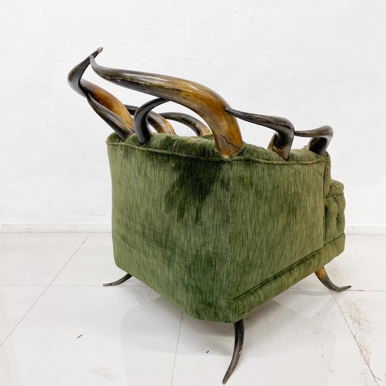 Mid-20th Century 1960s Austrian Steer Horn Lodge Chair & Foot Stool Vintage Green Mohair For Sale