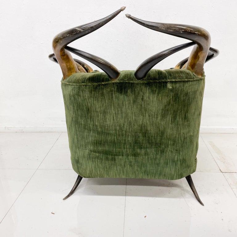 1960s Austrian Steer Horn Lodge Chair & Foot Stool Vintage Green Mohair For Sale 1