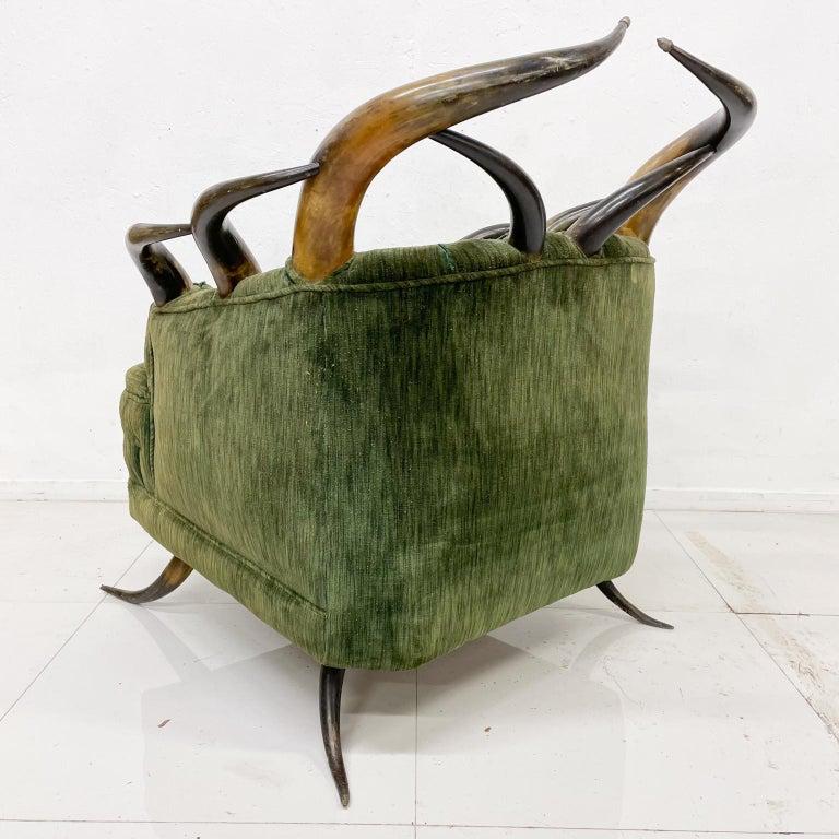 1960s Austrian Steer Horn Lodge Chair & Foot Stool Vintage Green Mohair For Sale 3