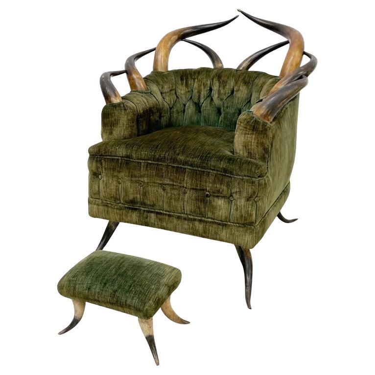 1960s Austrian Steer Horn Lodge Chair & Foot Stool Vintage Green Mohair For Sale