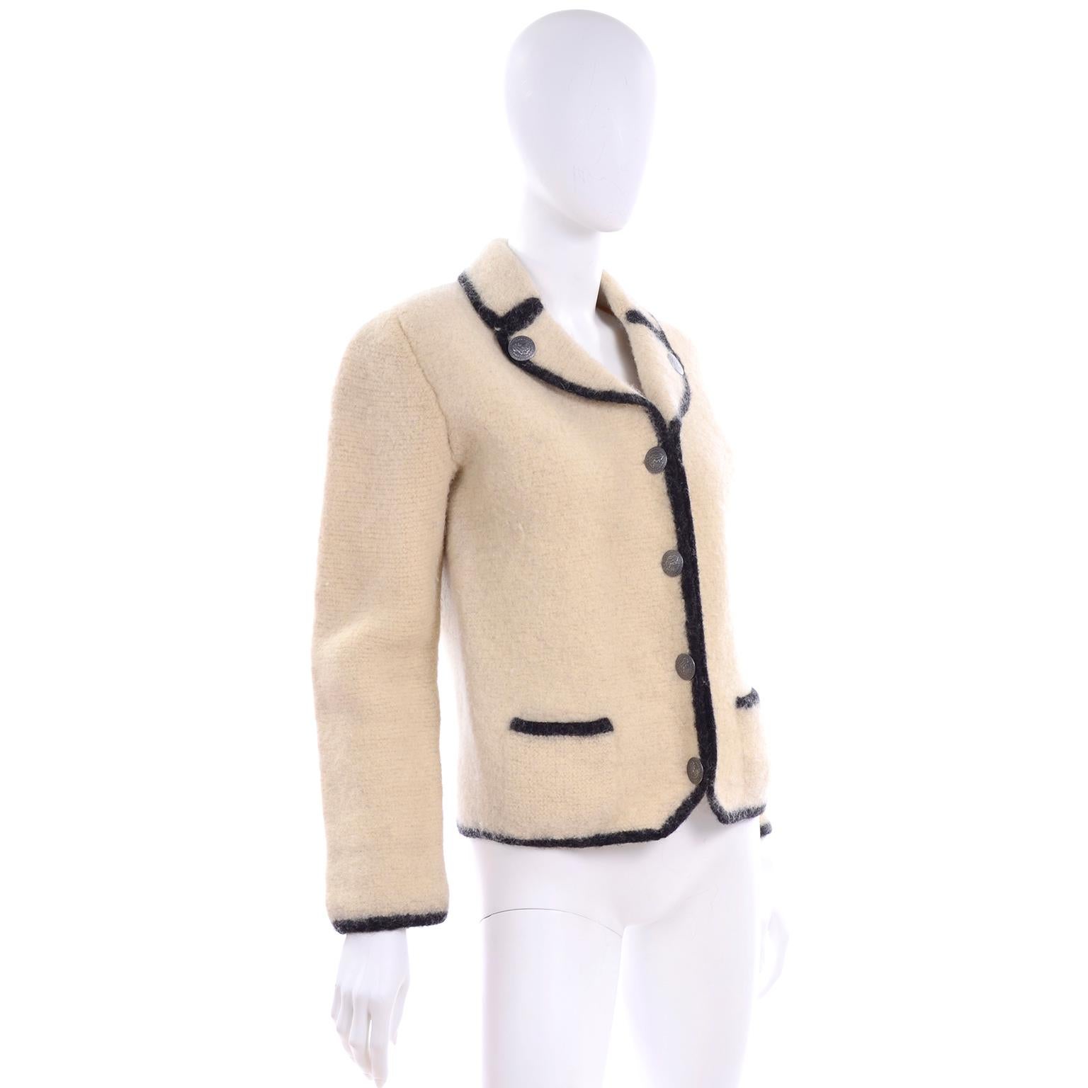 White 1960s Austrian Vintage Boiled Wool Ivory and Black Jacket With Nickel Buttons For Sale