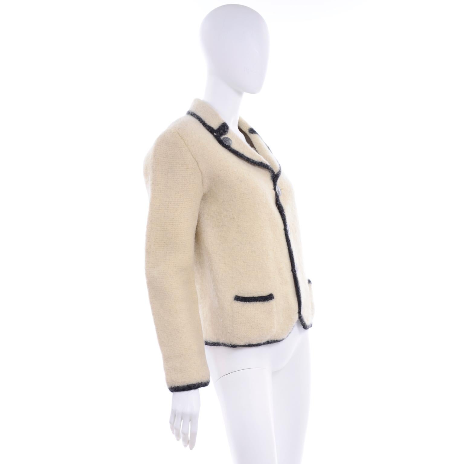 1960s Austrian Vintage Boiled Wool Ivory and Black Jacket With Nickel Buttons In Excellent Condition For Sale In Portland, OR