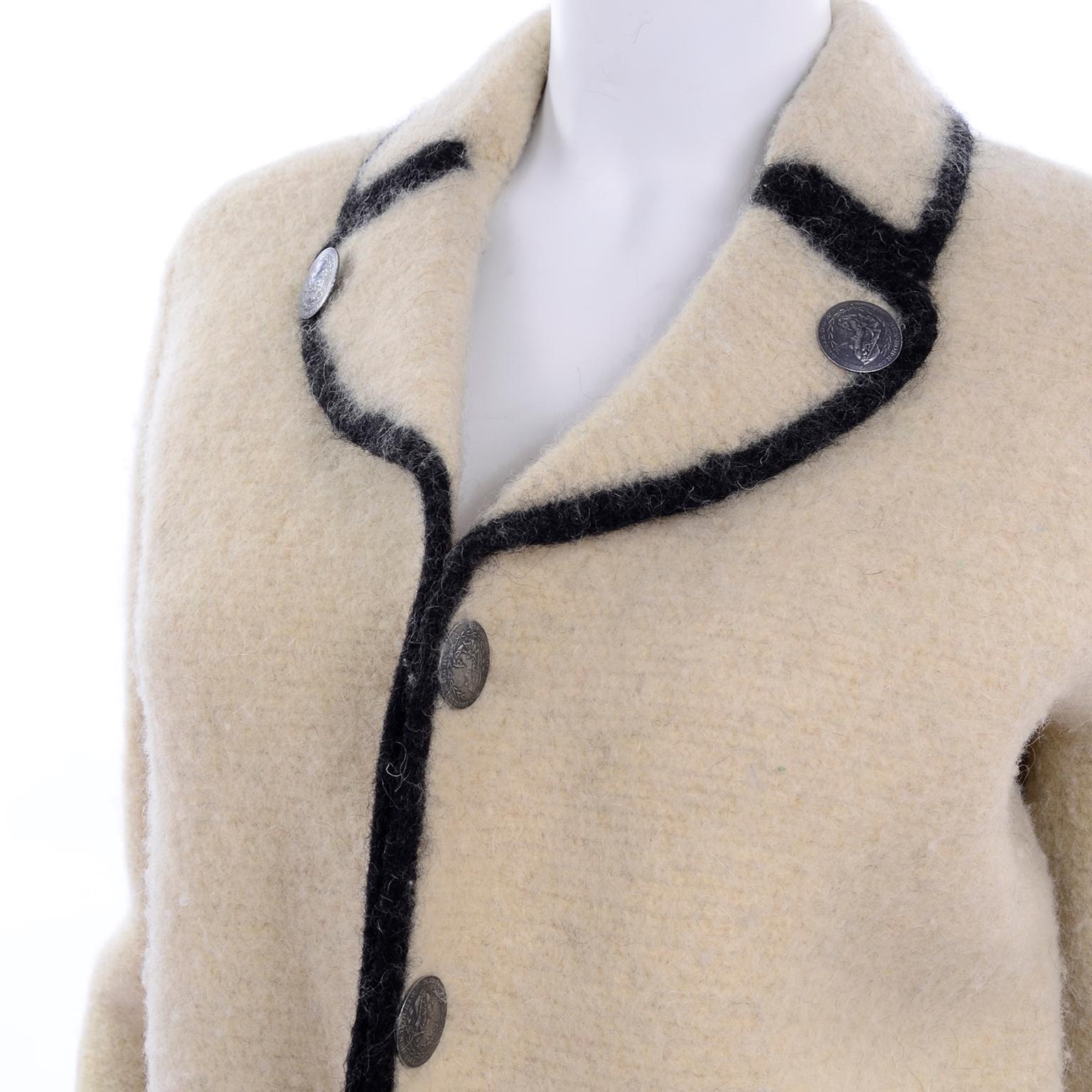 1960s Austrian Vintage Boiled Wool Ivory and Black Jacket With Nickel Buttons In Excellent Condition In Portland, OR
