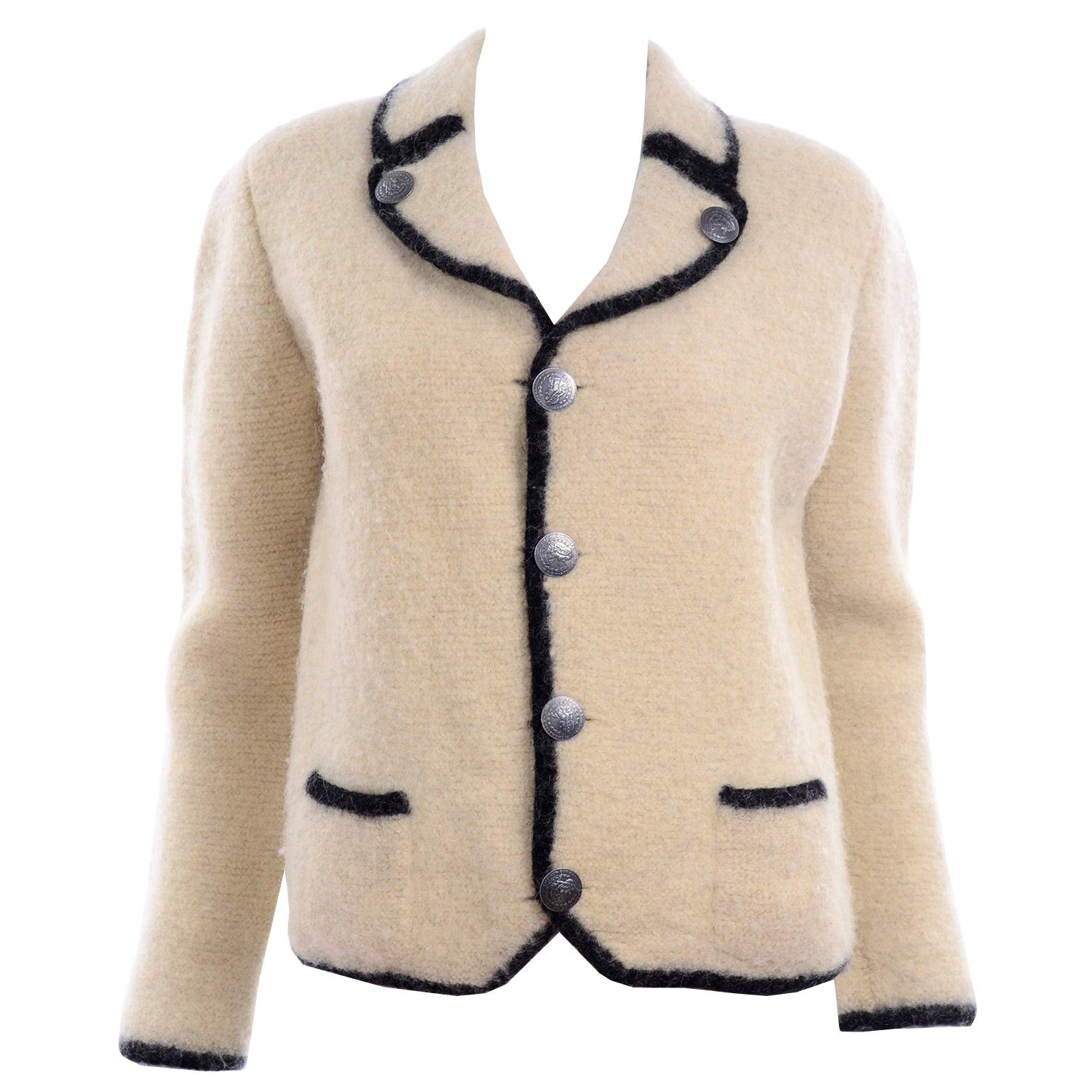 1960s Austrian Vintage Boiled Wool Ivory and Black Jacket With Nickel Buttons