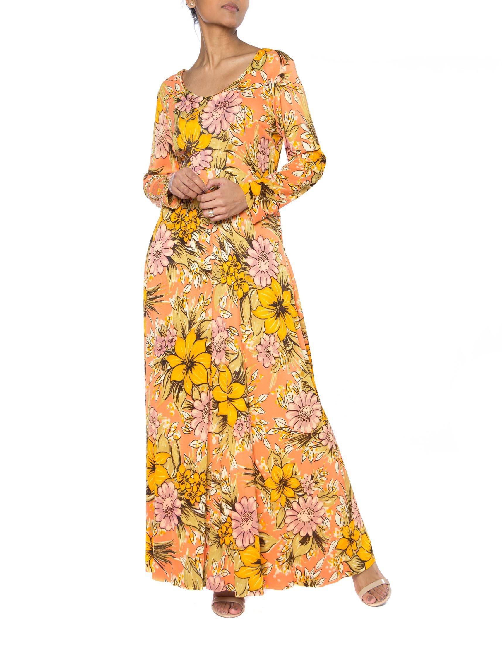 1960S AVALON Orange Polyester Long Floral Print Dress In Excellent Condition For Sale In New York, NY