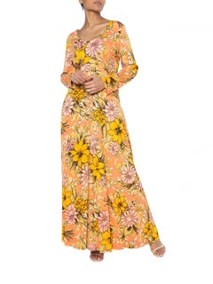 1960S AVALON Orange Polyester Long Floral Print Dress