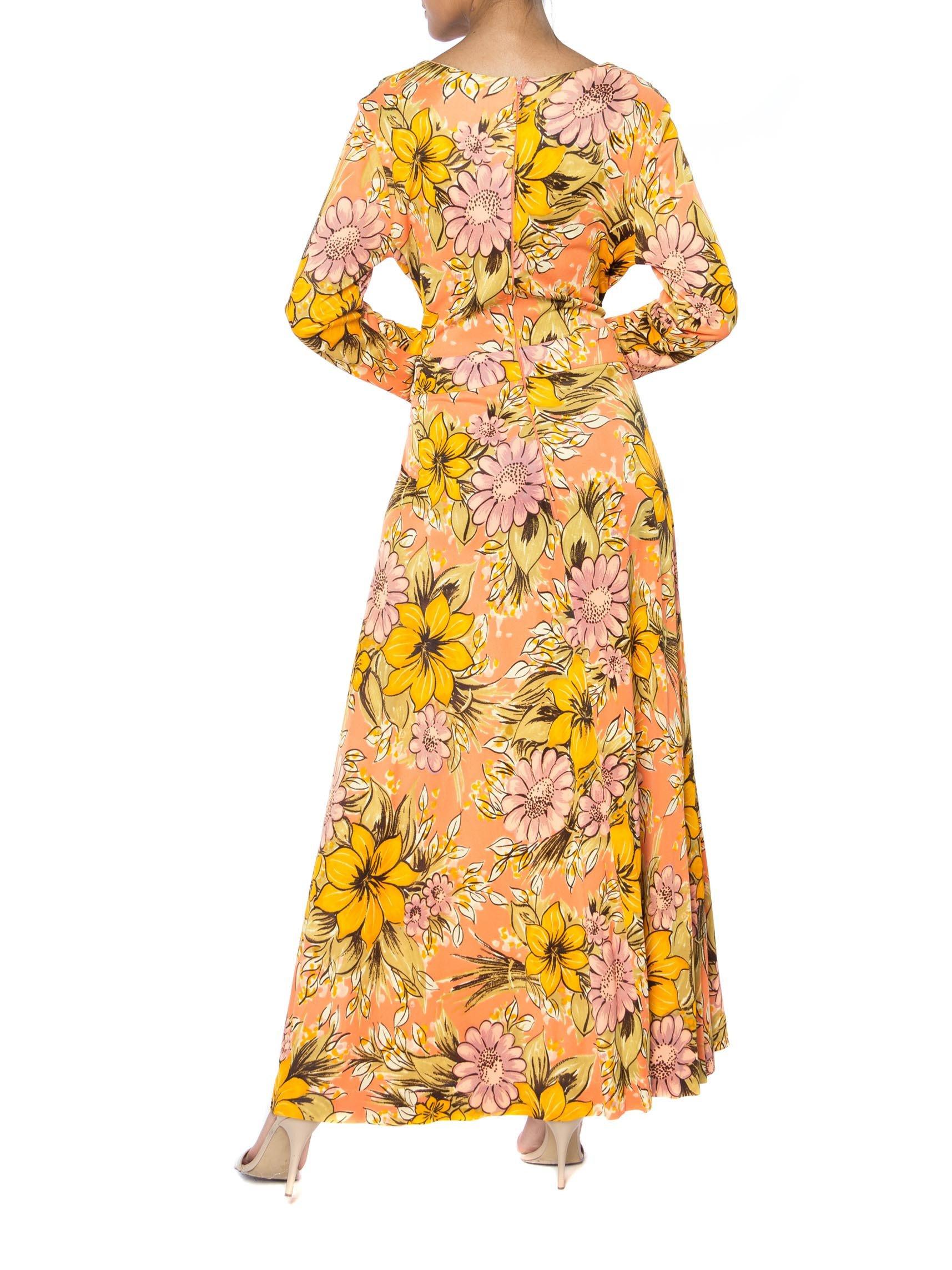 1960S AVALON Orange Polyester Long Floral Print Dress For Sale 1