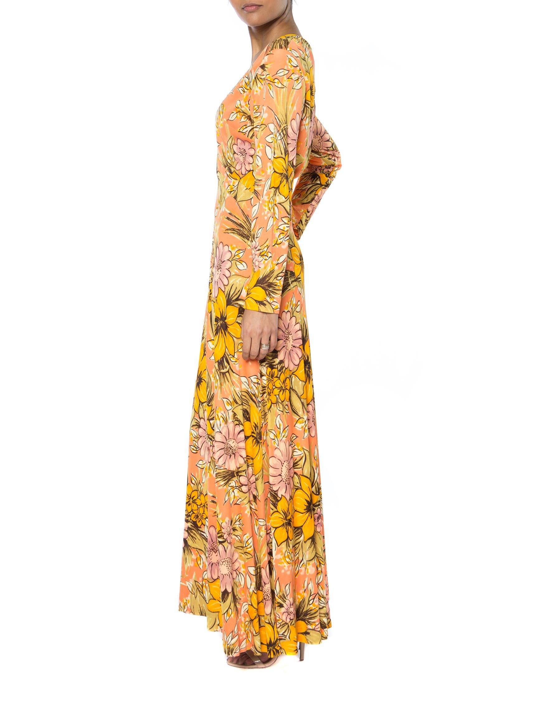 1960S AVALON Orange Polyester Long Floral Print Dress For Sale 2