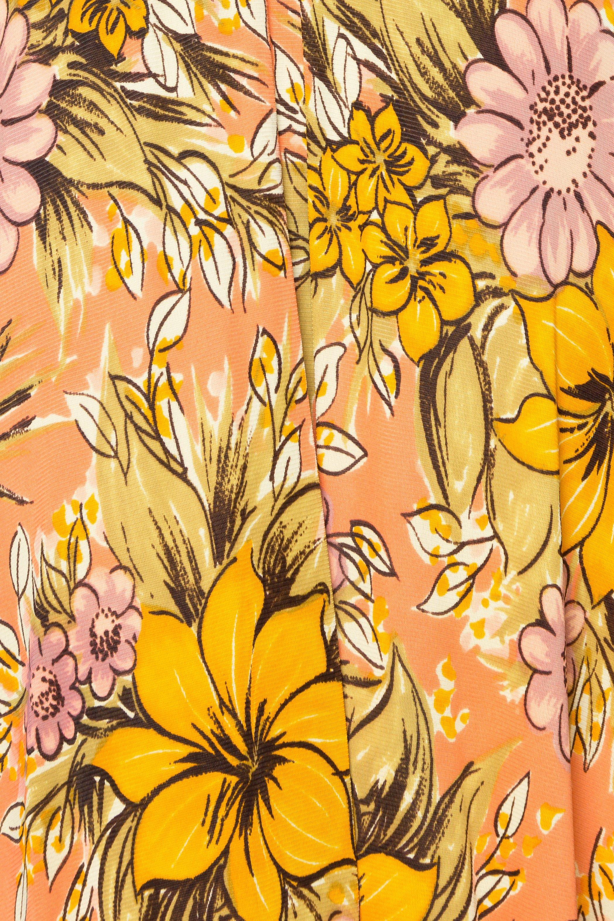 1960S AVALON Orange Polyester Long Floral Print Dress For Sale 3