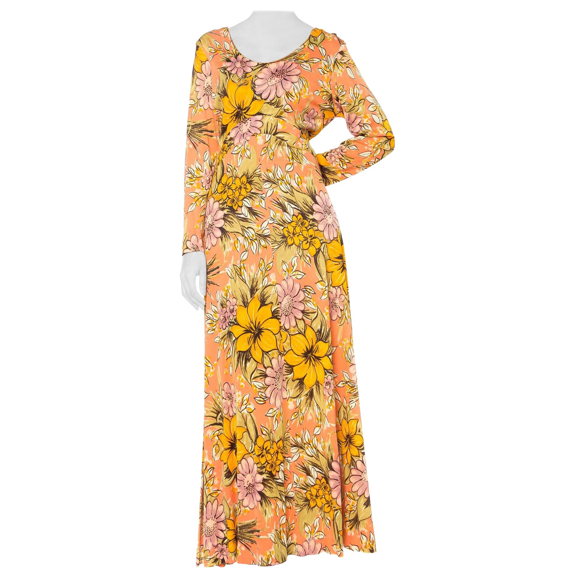 1960S AVALON Orange Polyester Long Floral Print Dress For Sale