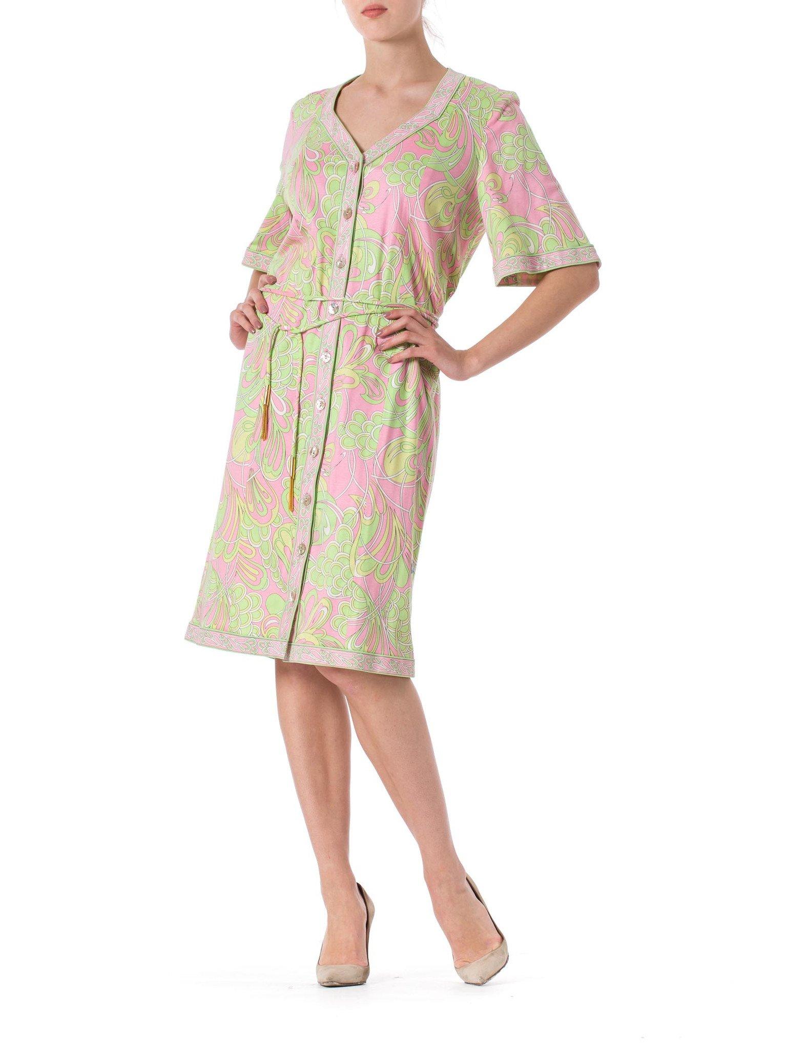 1960S AVERADO BESSI Baby Pink & Green Cotton Jersey Mod Abstract Psychedelic Print House Dress